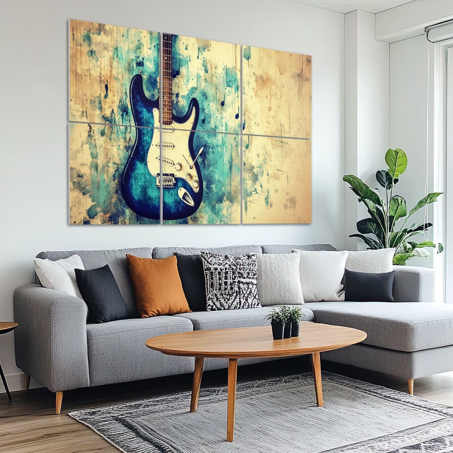 6 Pack Art Acoustic Panels Sound Absorbing Modern Blue Guitar Musical Themed Electric Hues Paint Splatter Notes Decorative Soundproof Wall Panels Self Adhesive for Recording Studios Office 72