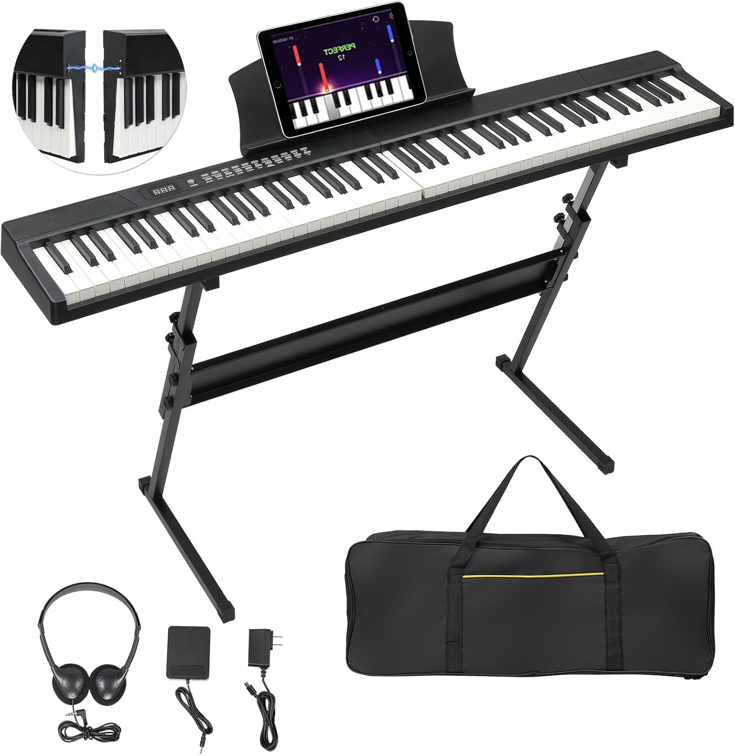 Ktaxon 88 Key Portable Electric Piano with 500 Tones, 200 Rhythms, 300 Demos, Magnetic Connection Piano keyboard with Stand, Sustain Pedal, Headphones, Portable Bag & Key Sticker (Full)