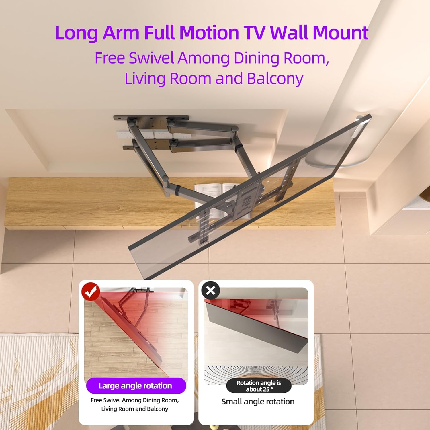 Corner TV Wall Mount for 65 75 77 85 86 inch TVs,Long Arm Full Motion TV Bracket for 50-90 inch， Extension Articulating Arm Swivel and Tilt, Avoid outlets Hold 154lbs，Max VESA 650x600.