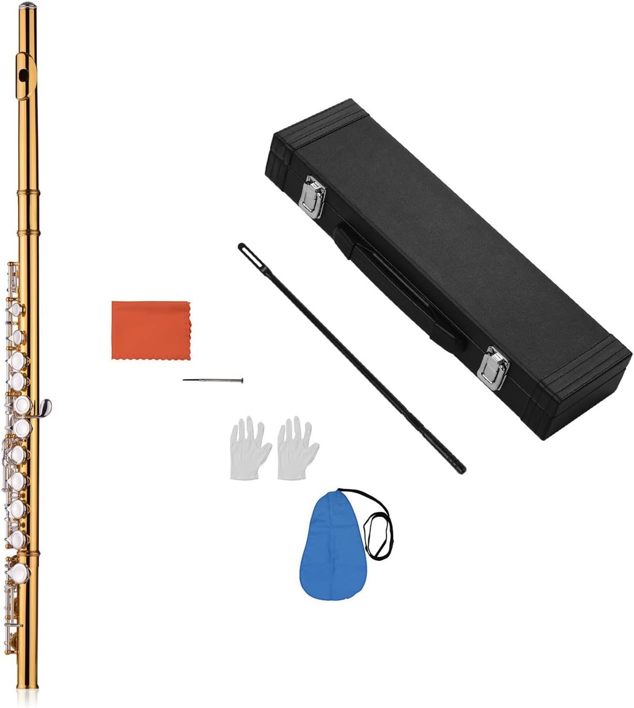 Flute Kit Closed Hole C Flute Professional Cupronickel Gold- Plated Tube 16 Silver- Plated Keys Wind Instrument Intermediate Flute