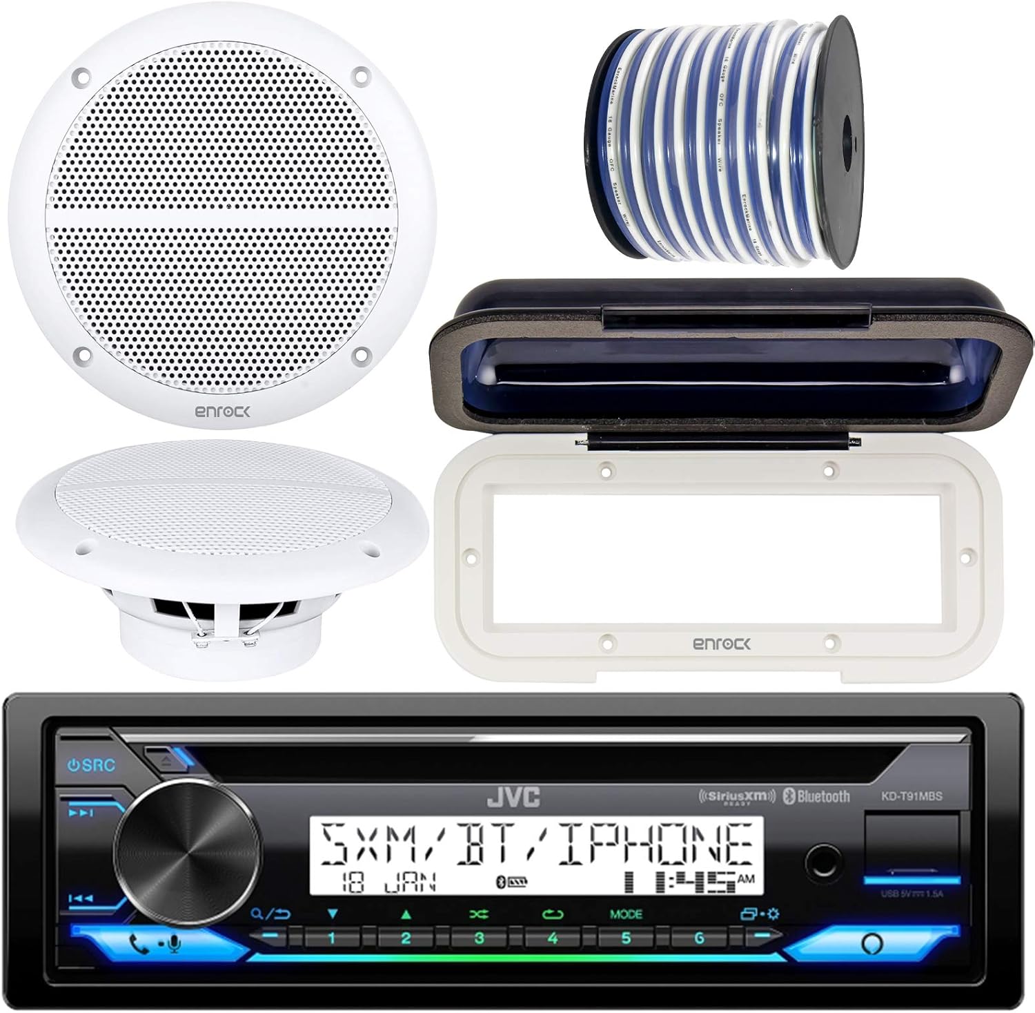 JVC KD-T91MBS In-Dash Marine Boat Bluetooth Radio USB AUX CD Receiver Bundle Combo With Pair Of Enrock 6.5