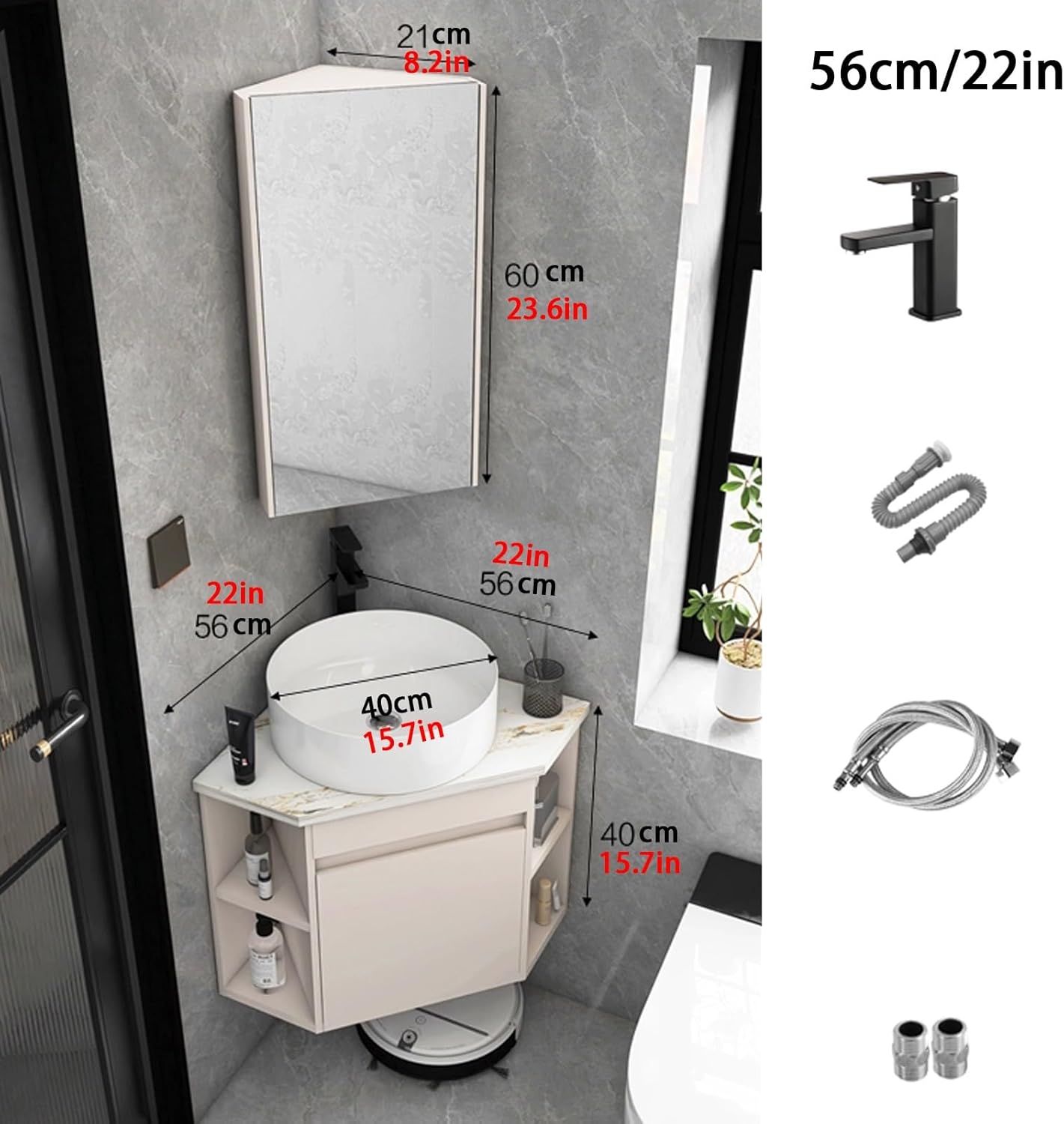 Corner Wall Mount Bathroom Sink, Corner Bathroom Vanity, Wall Hung Floating Porcelain Ceramic Wash Basin, Ceramic Corner Sink with Storage Container, for Small Space(38cm/14.9in)