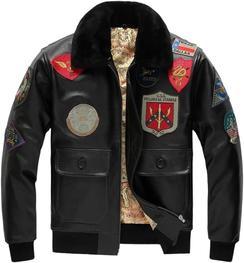 Men Military Style Wool Collar Genuine Natural Thick Cowhide Warm Flight Black Winter Leather Jacket Coat