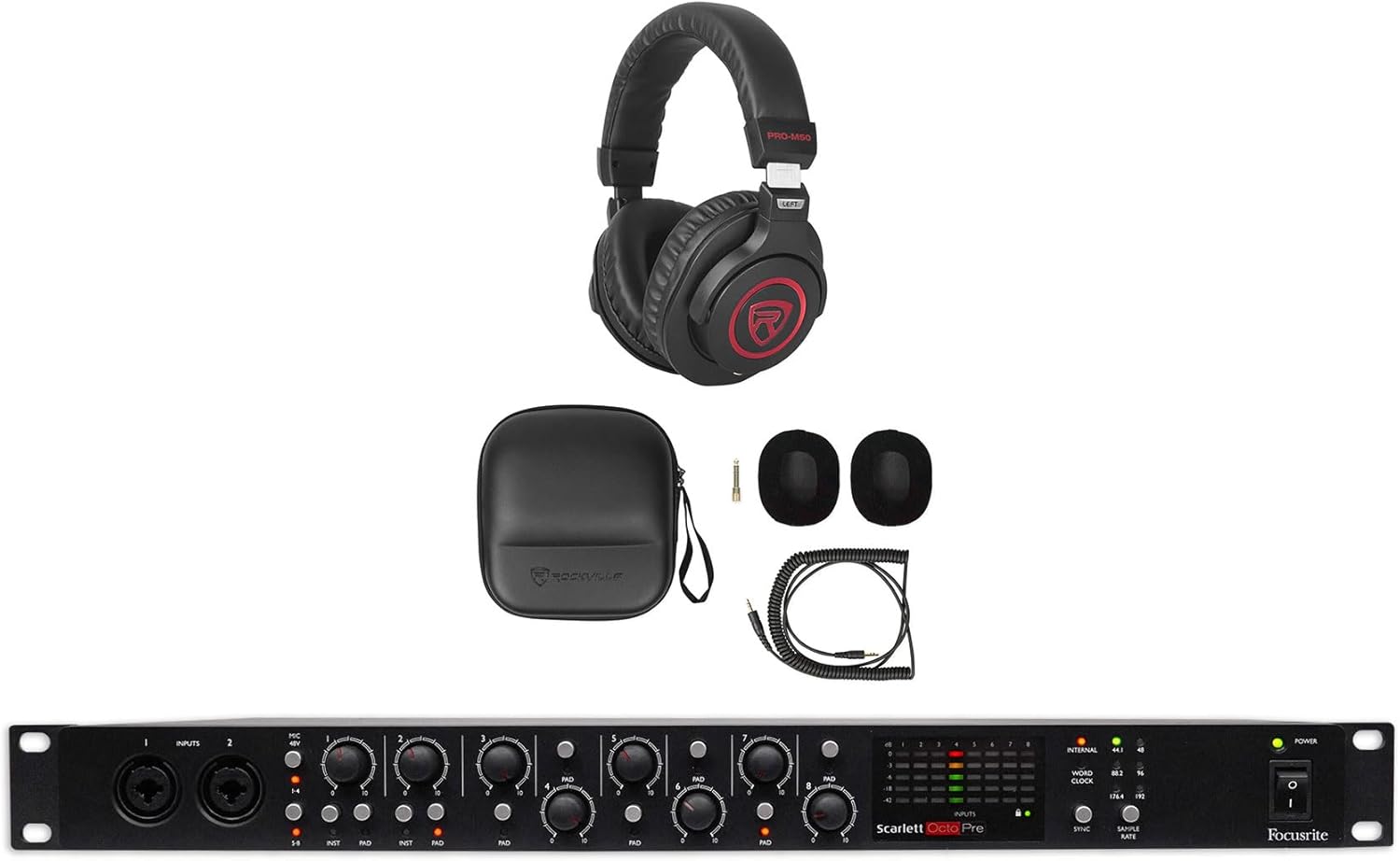 Audiosavings Bundle: (1) Focusrite Scarlett OctoPre 8-Channel Microphone Mic Preamp Bundle with (1) Rockville PRO-M50 SR Studio Headphones+Detachable Coil Cable+Case+Extra Ear Pad (2 Items)