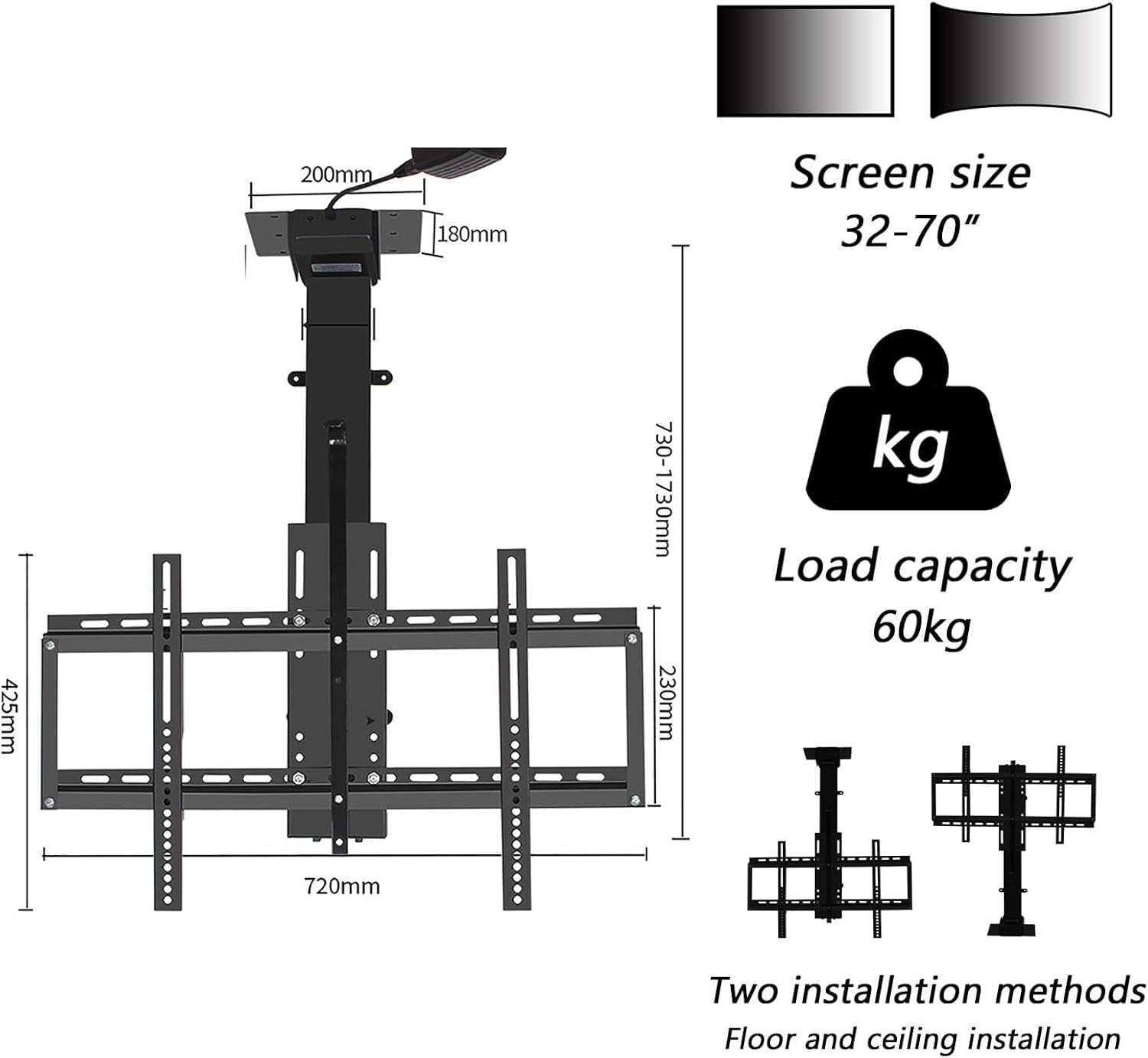 TV Monitor Wall Mount,TV Wall Mount,Adjustable Ceiling TV Mount Bracket, with Remote Control Motorized TV Mount, Fits 32-70 Inch Motorized TV Stand, 360° Manual Rotation TV Lift, Motorized Ceiling TV