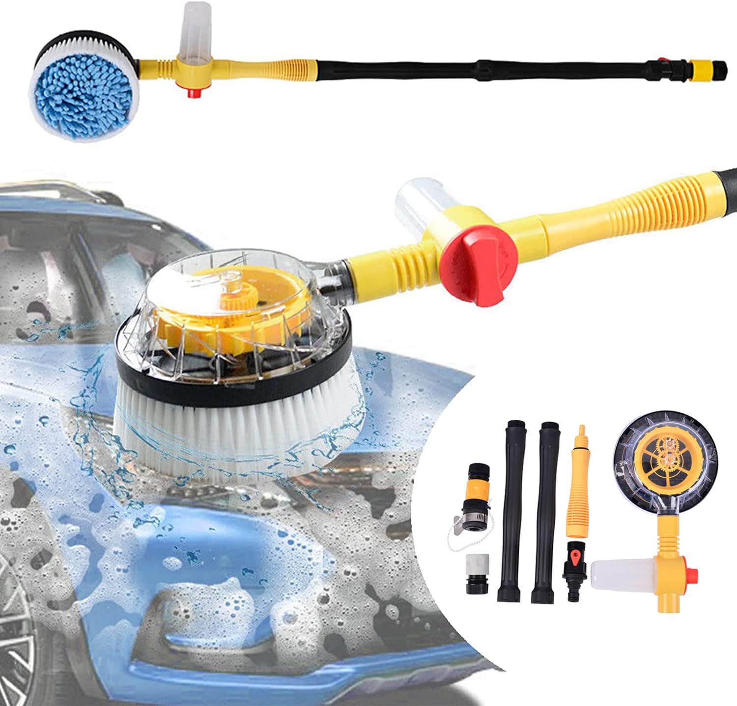 Rotating Car Wash Brush High Pressure Car Foam Brush Rotating Automatic Sponge Hose Washing with Cleaner Cup Car Styling Car Cleaning Wash Mop (Brush and 30M Hose)