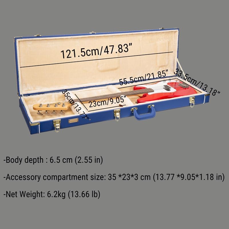 Crossrock Wooden Bass Guitar Case for Fender Precision & Jazz | Vibrant Blue Faux Leather, Beige Plush Interior, Lock – Designer Series(CRW520BVB)