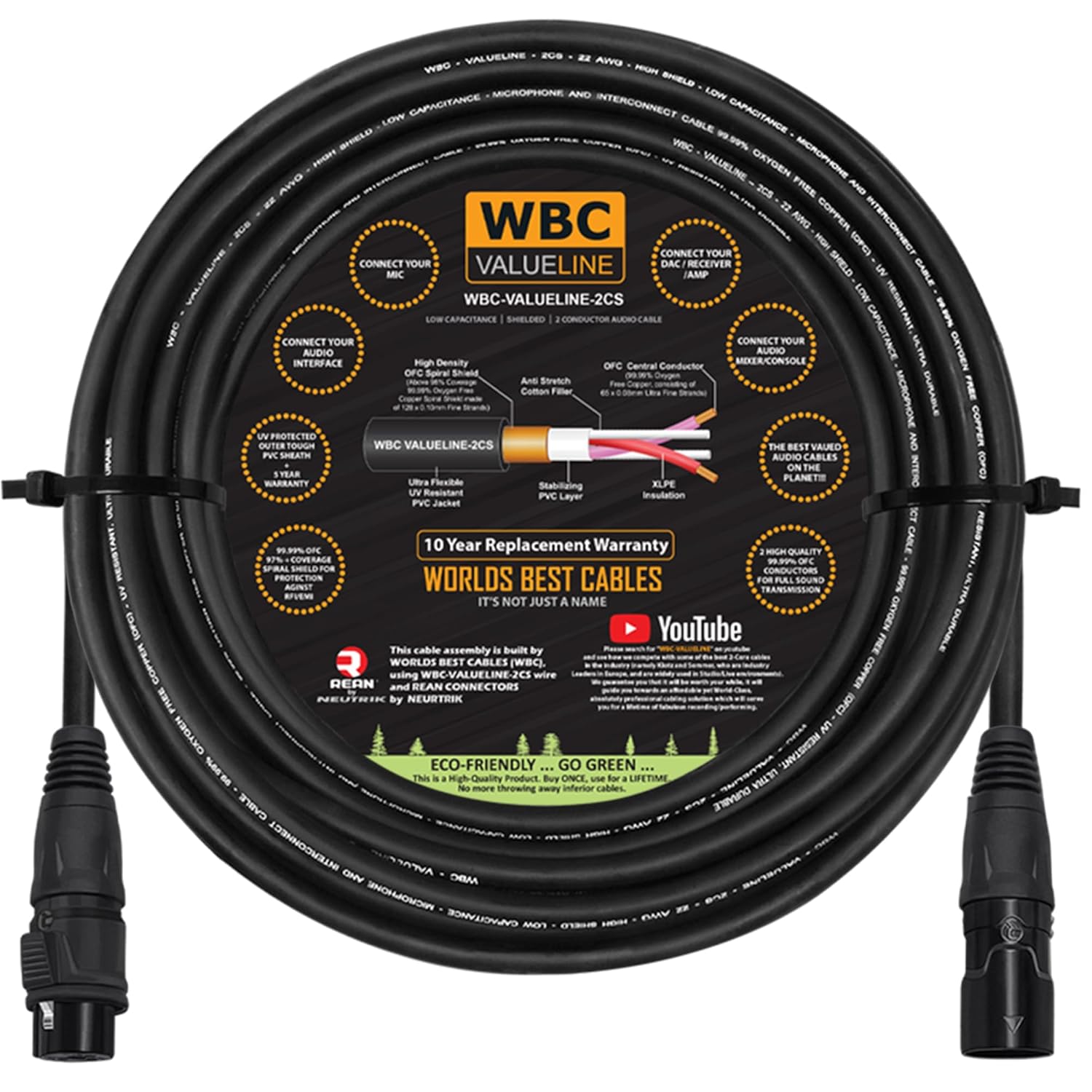 WBC-VALUELINE-2CS (22 AWG) - 150 Foot–Low-Capacitance Shielded Balanced Flexible Microphone, Active-Speaker & Interconnect Cables with Neutrik-Rean IP65 Rated Gold XLR Connectors