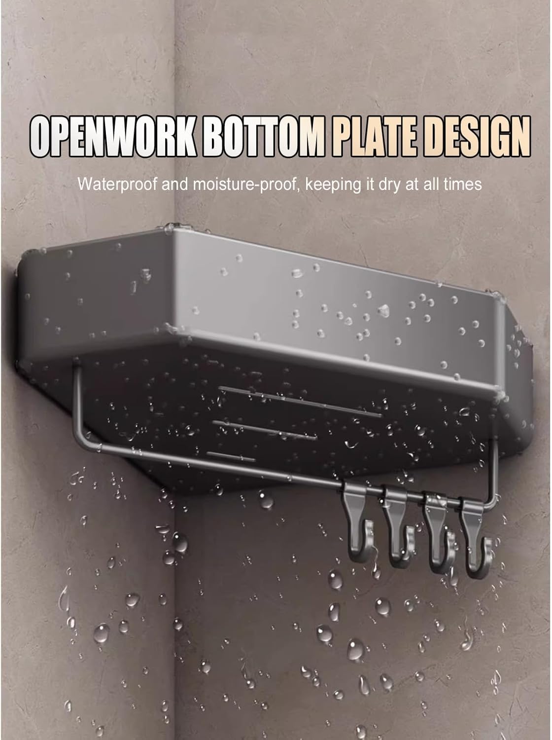 No Drilling Shower Caddy, Bathroom Corner Storage Shelves with Rod and Hooks, Triangular Basket, High Load Capacity(Triple layer)