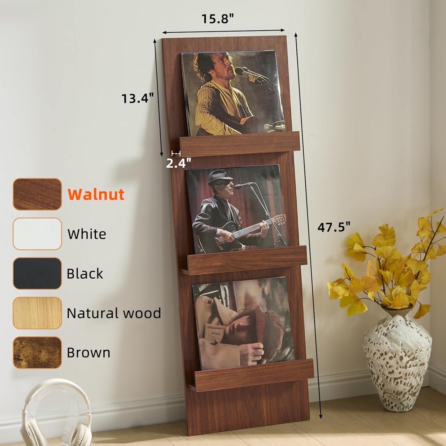 LELELINKY Wall Mount Vinyl Record Holder Set of 2 with 3 Tier Display Area, 47.5'' Tall Record Storage Magazine Holder, Book Shelf Holder Holds Up to 15 Vinyls Albums/CD for Music Room, Living Room