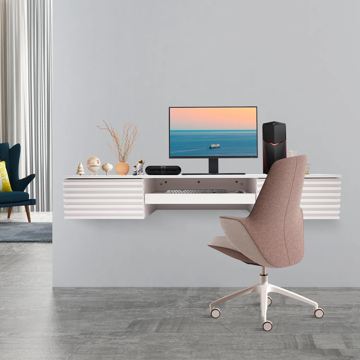 Floating Wall Mount Computer Desk Floating Shelf with 2 Drawer & Keyboard Tray Home Office Desk Workstation, Cable Hole, Laptop PC Table for Living Room, Bedroom, Office, White