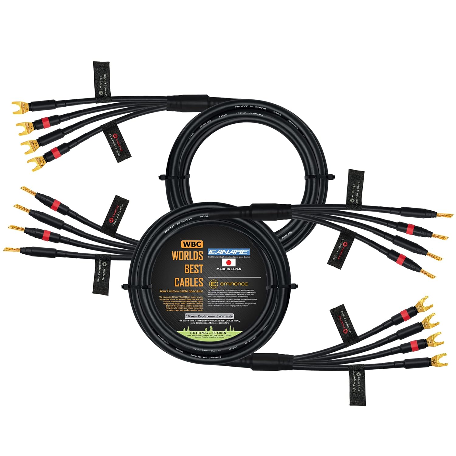 WORLDS BEST CABLES 8 Foot - Canare 4S11 – Audiophile Grade - HiFi Star-Quad Bi-Amp Speaker Cable Pair with Eminence Gold Banana & Spade Connectors [Banana x4 – Spade x4]
