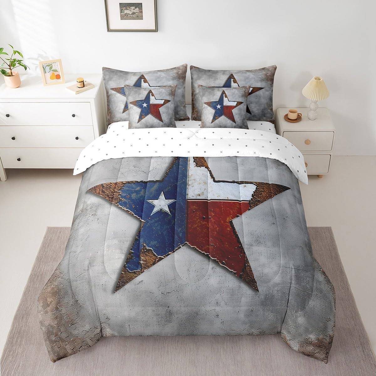 Vintage Texas Stars Bedding Comforter Sets 7-Piece Retro Flag Print Bed in a Bag, Grunge Grey King Bedding Sets Texas Star Comforter Set King, American Flag Pattern Bedding Sets & Collections