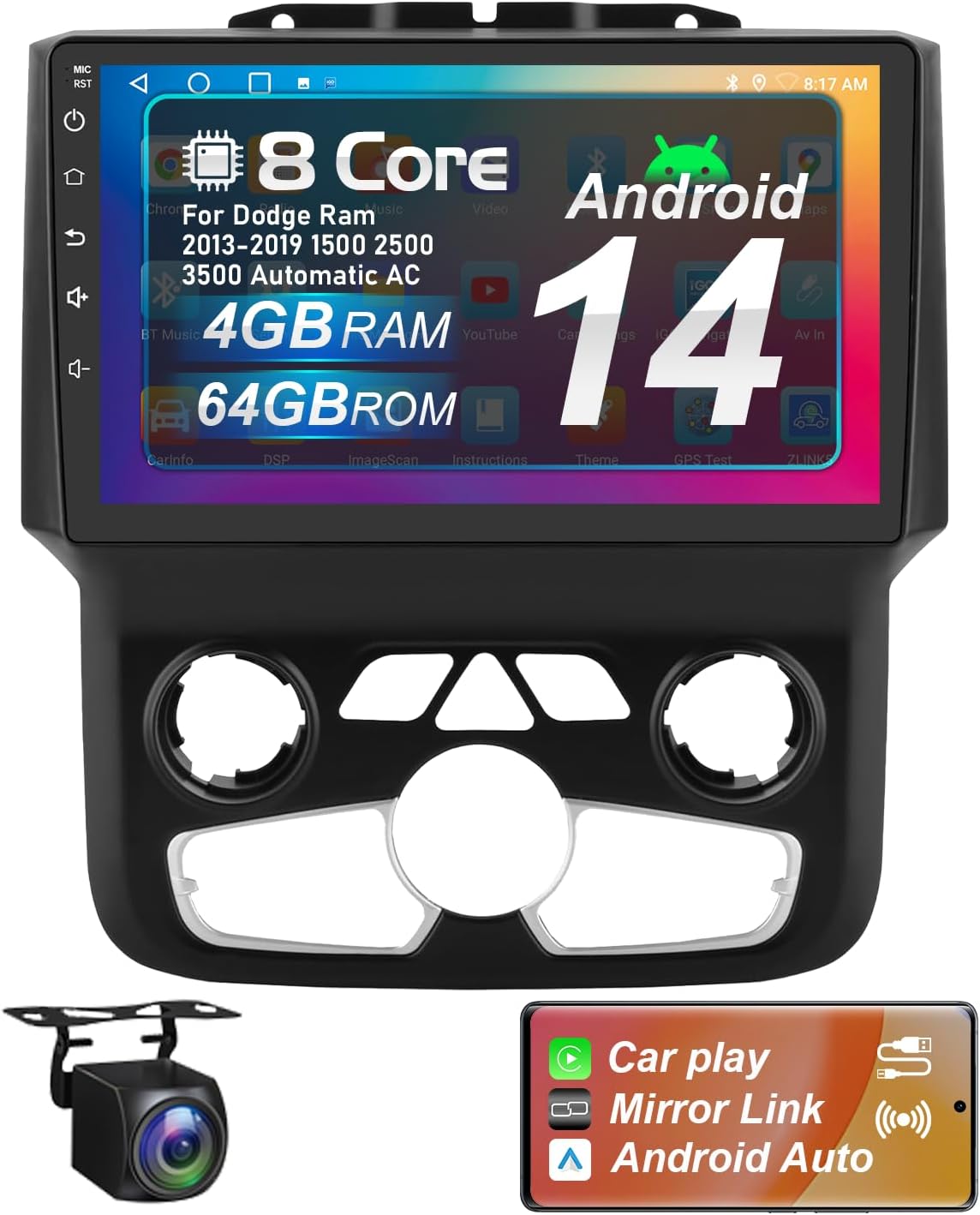 Upgraded Android 14 8 Core 4+64G Car Radio for Dodge Ram 2013-2019 1500 2500 3500 Automatic AC with Wireless Carplay&Android Auto 9