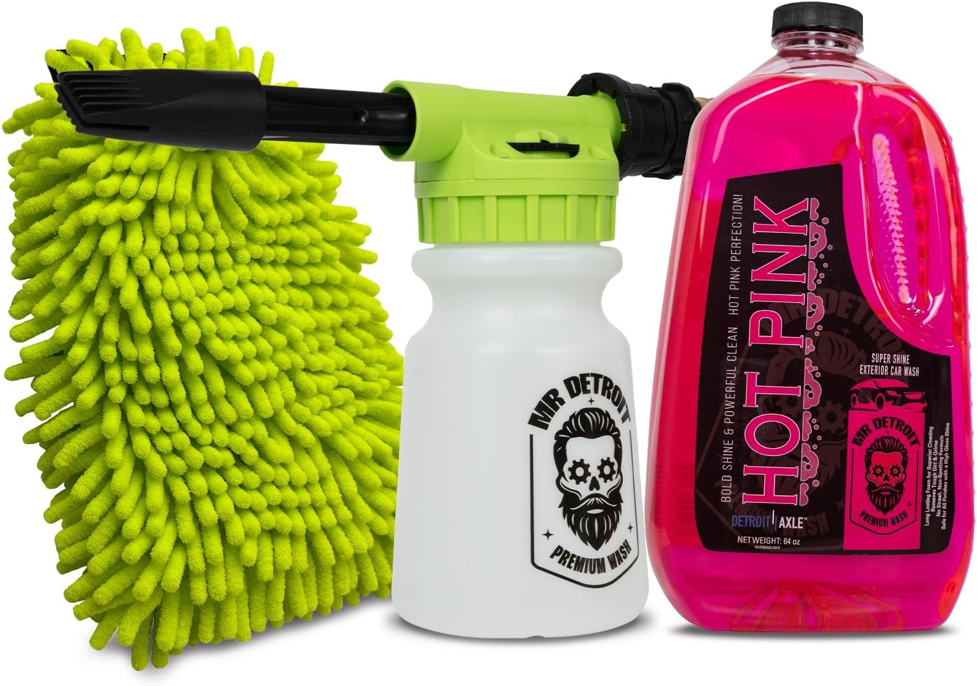 Mr. Detroit - 3pc Car Wash Kit with Foam Blaster, 64oz Car Wash Soap, Double Noodle Wash Mitt, Scratch-Free Wash Gun Foam Cannon Streak-Free Exterior Cleaner for Auto Cleaning & Home Use