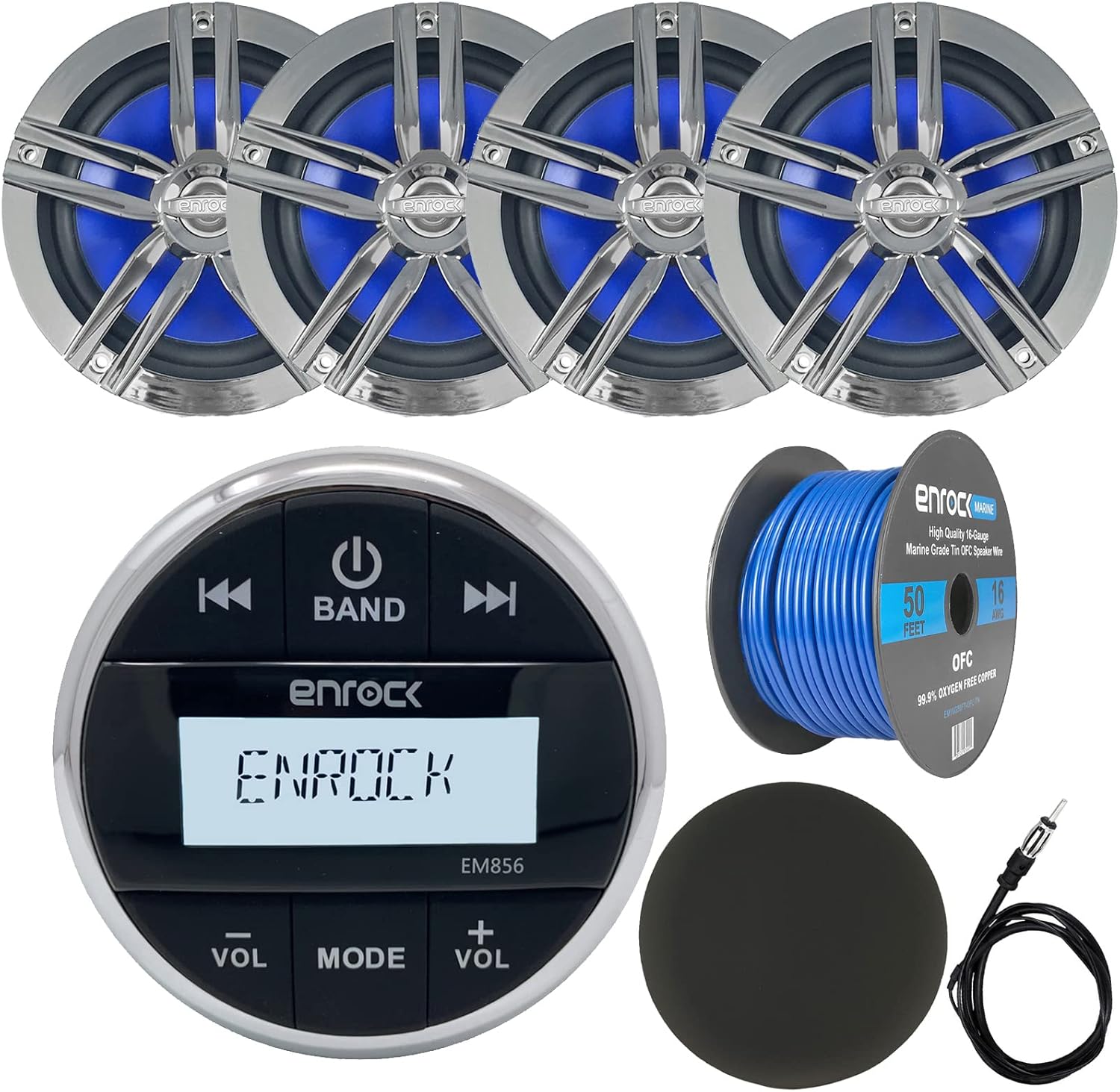 Enrock EM856 Bluetooth AM/FM Radio Digital Media Marine Gauge Hole Receiver Bundle Combo with 4X 6.5 2-Way 180W Peak Power Charcoal Boat Audio Speakers, Speaker Wire, Radio Antenna, Radio Cover