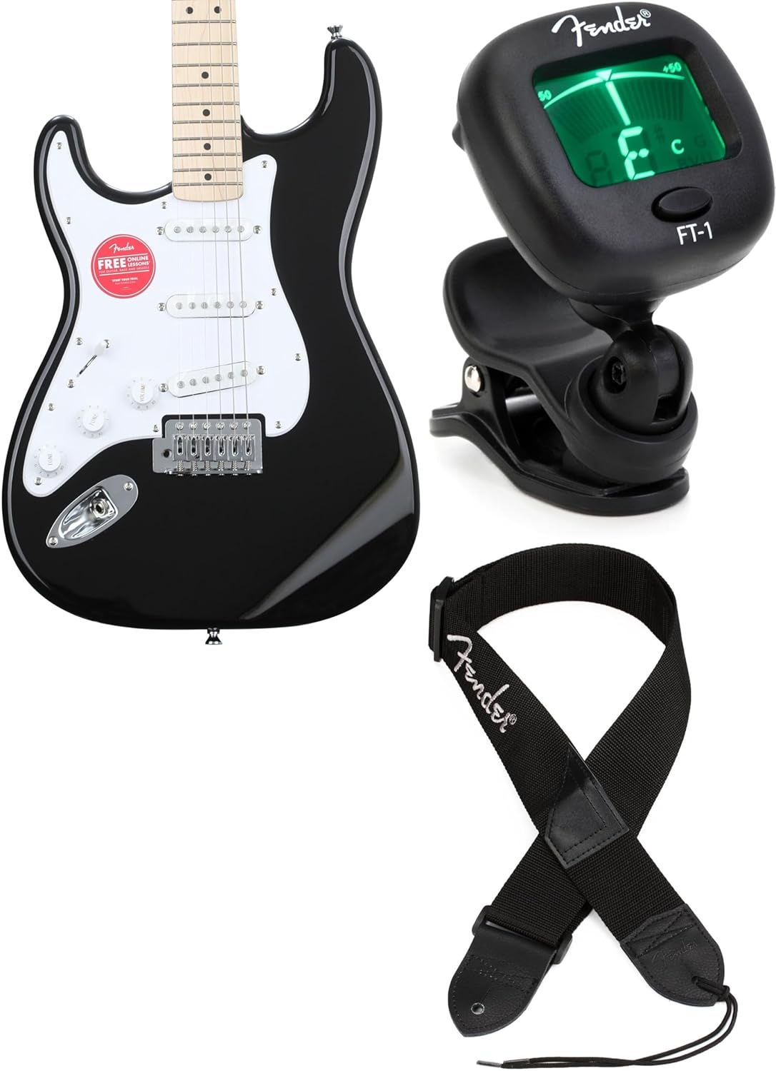 Fender Squier Sonic Stratocaster Left-Handed Electric Guitar - Black, Maple Fingerboard, Includes Tuner and Strap