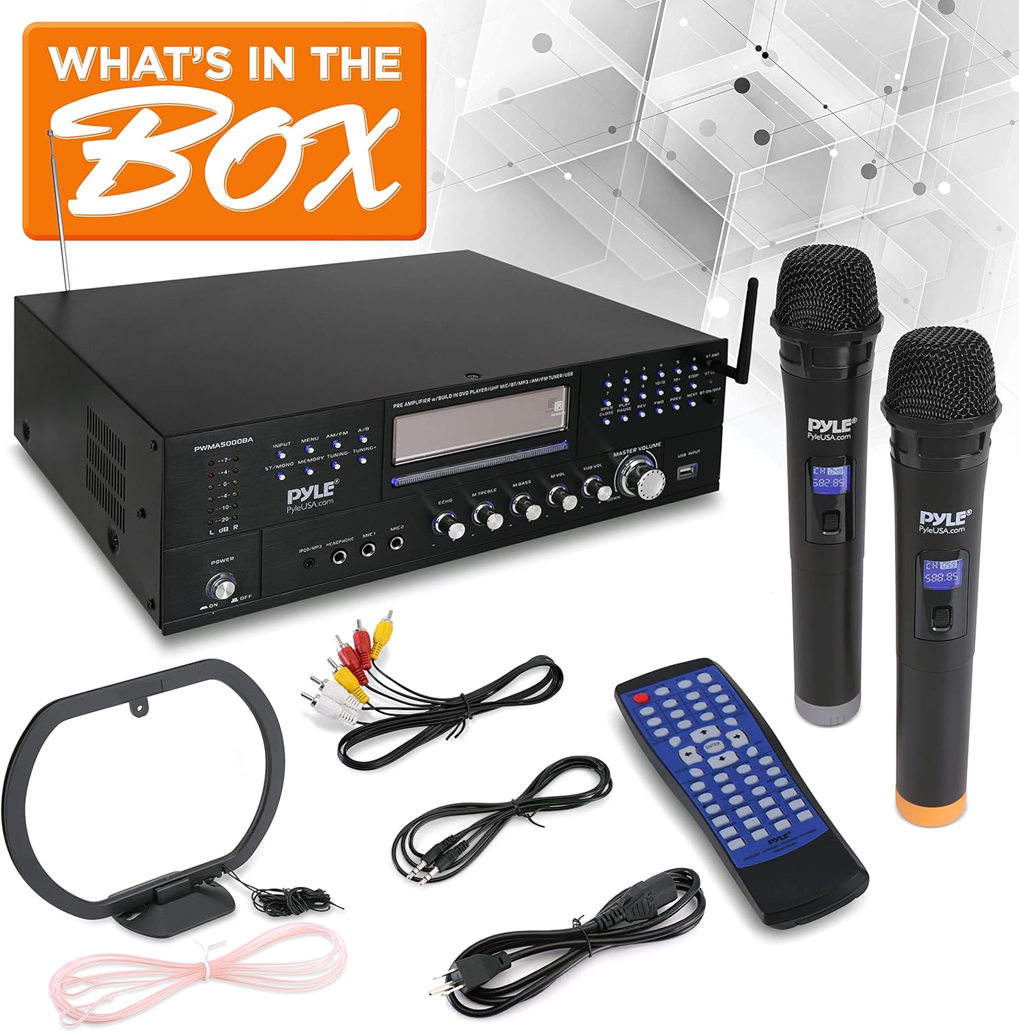 Pyle 4-Channel Karaoke Home Wireless Microphone Amplifier - Audio Stereo Receiver System, Built-In CD DVD Player, Dual UHF Wireless Mic/MP3/USB Reader, AM/FM Radio - PWMA5000BA
