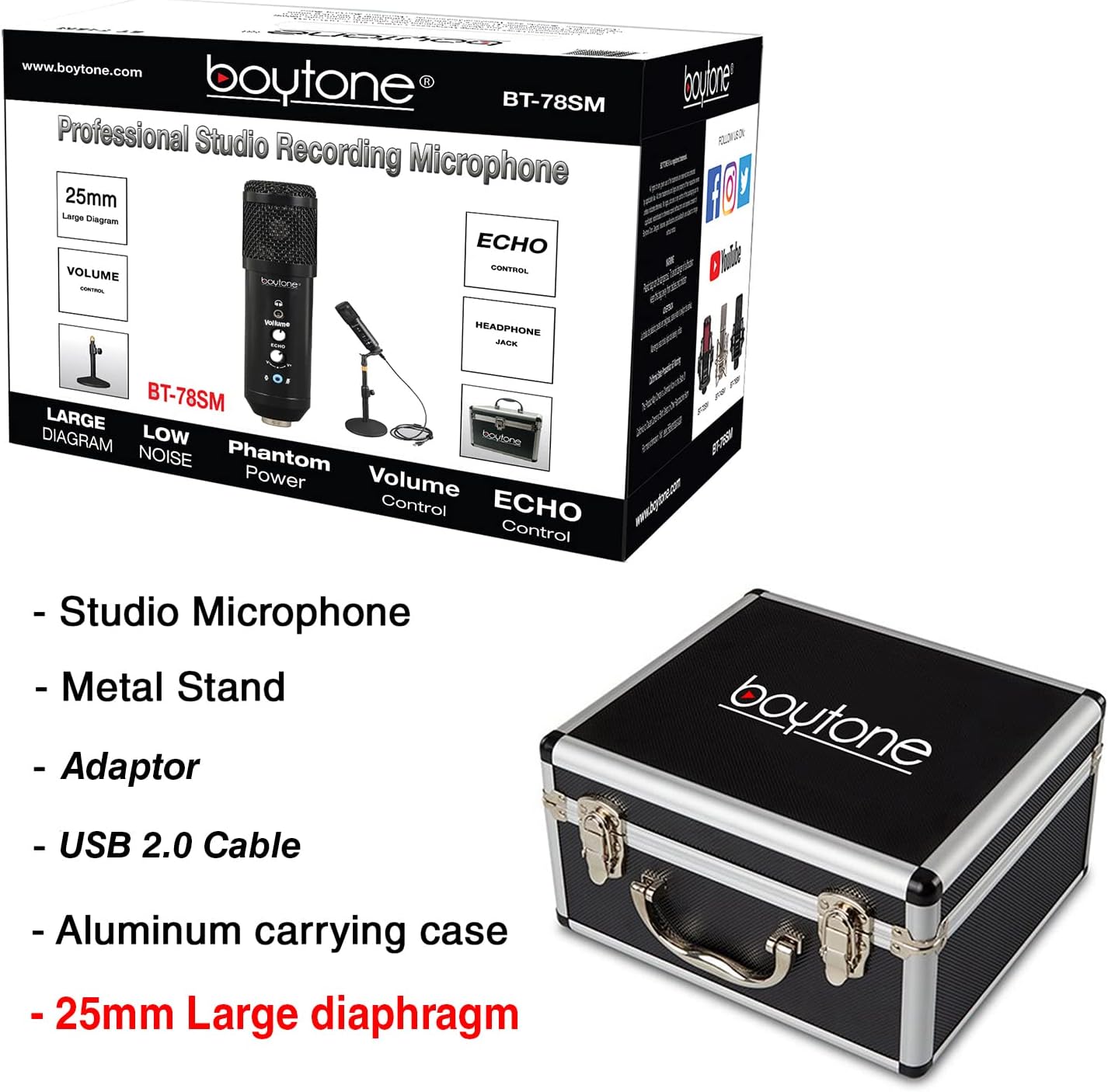 Boytone, Professional Cardioid Studio Recording Mic 25mm Diaphragm USB Microphone Streaming Vocal Recording, Podcasting Condenser Microphone for PC and Mac, Quality Sound, Plug & Play (BT-78SM)