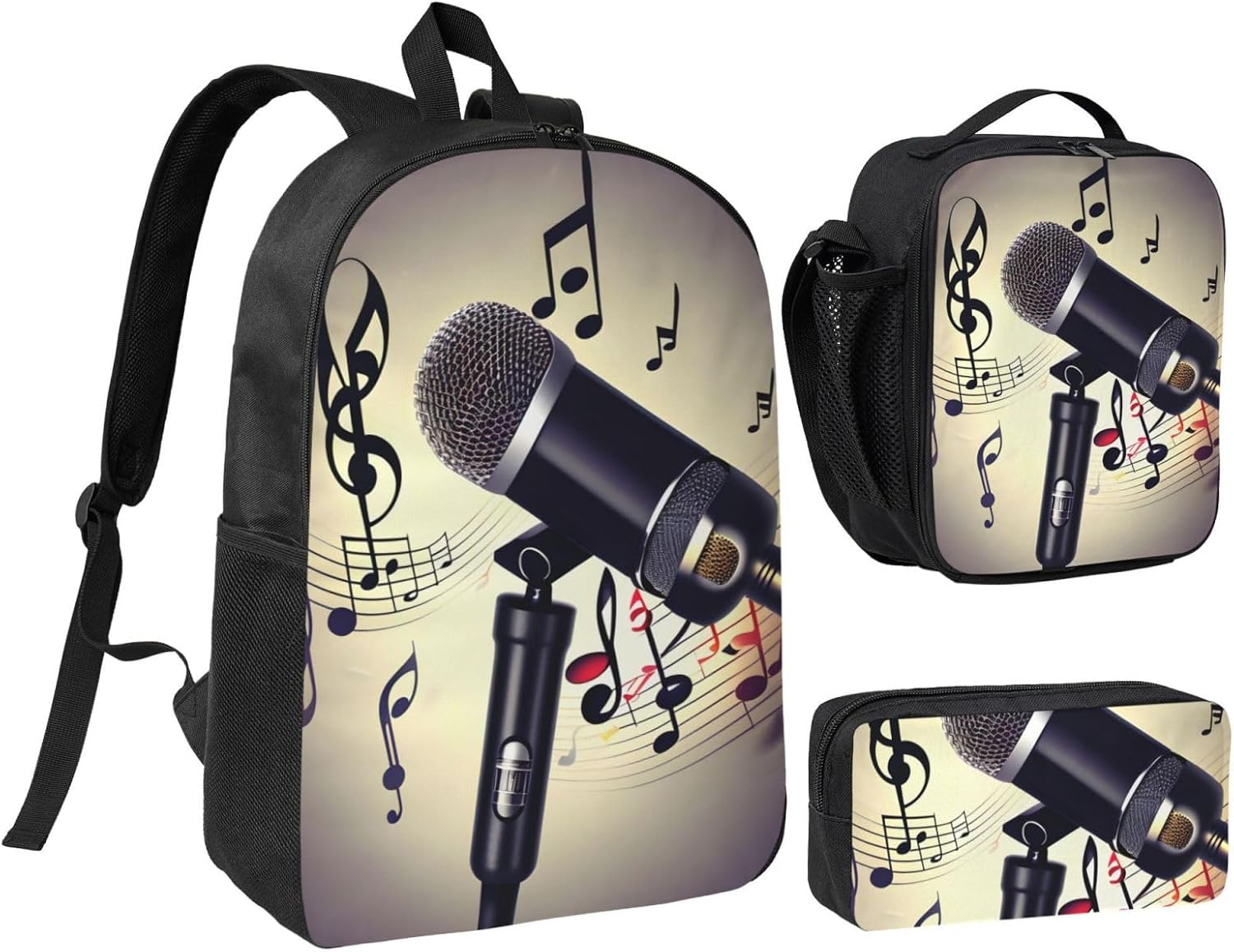 Microphone with Music Note print 3 Piece Backpack Bags with Lunch Box Pencil Case Set for Travel Work Camping Unisex
