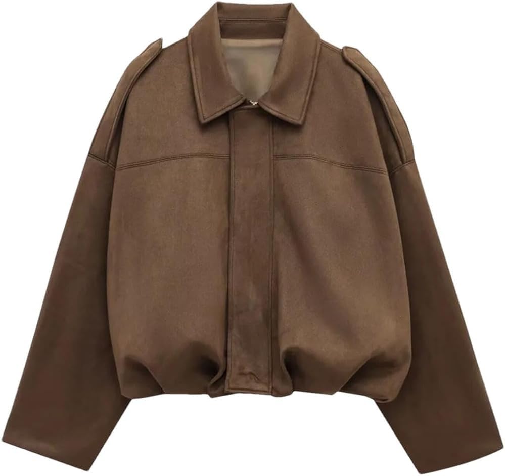 Womens Lapel Collar Zipper Aviator Jackets Suede Cropped Racing Style Casual Outerwear