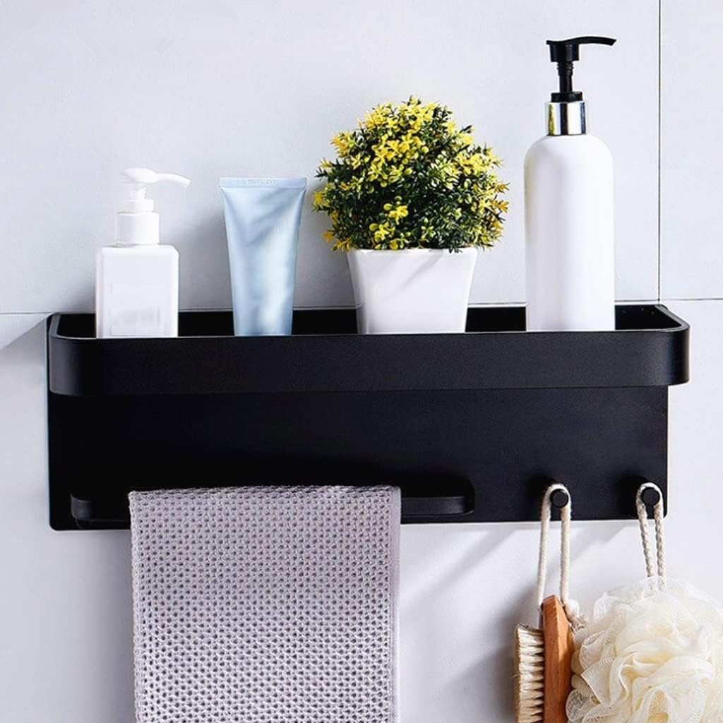 Shower Caddy Black Space Aluminum Bathroom Shelves with Hooks, Wall Mount Bathroom Shelf Bath Storage Rack Towel Holder Bathroom Organizer (Color : Black)