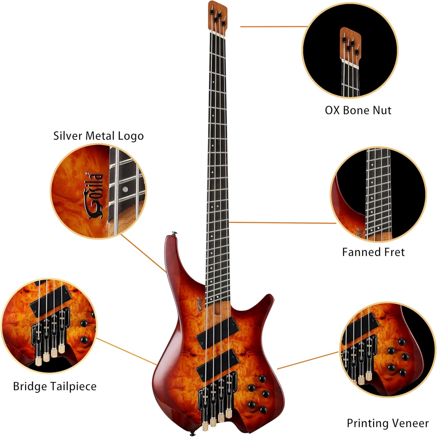 4 String Headless Electric Bass Guitar poplar body Carbon Fibre Maple neck fanned fret