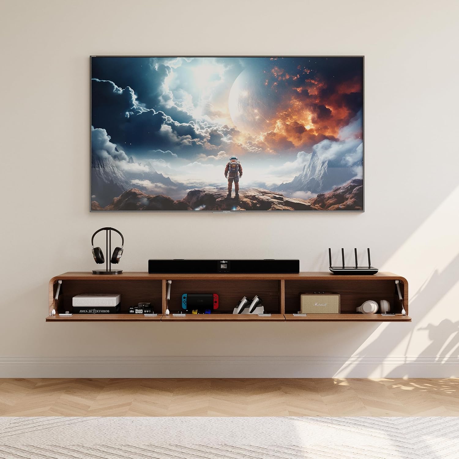 Fully-Assembled Minimalist Floating TV Stand, Modern Wall-Mounted Entertainment Center with 3 Flip-Down Cabinet Doors, Solid Wood, Walnut Veneer, 78