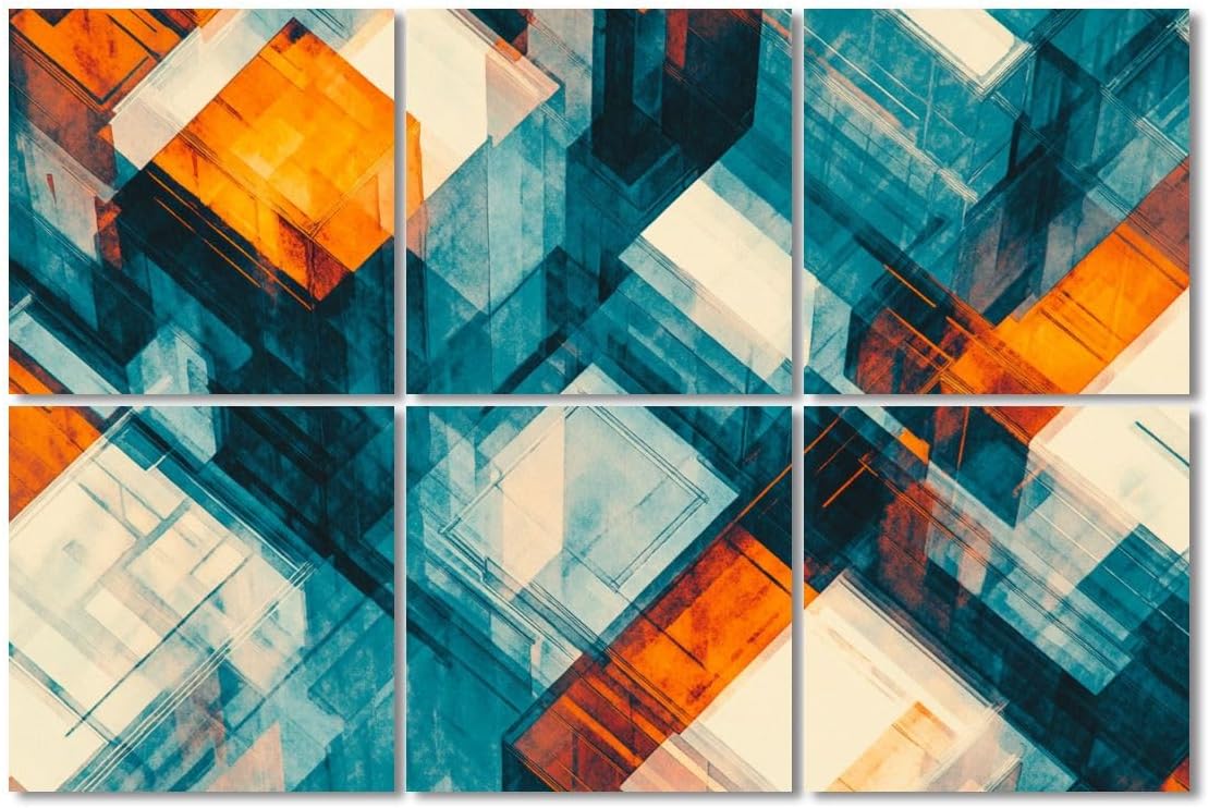 6 Pack Art Acoustic Panels Sound Absorbing Abstract Teal Overlapping Cubes Transparent Layers Bright Orange Decorative Soundproof Wall Panels Self Adhesive for Recording Studios Office 72