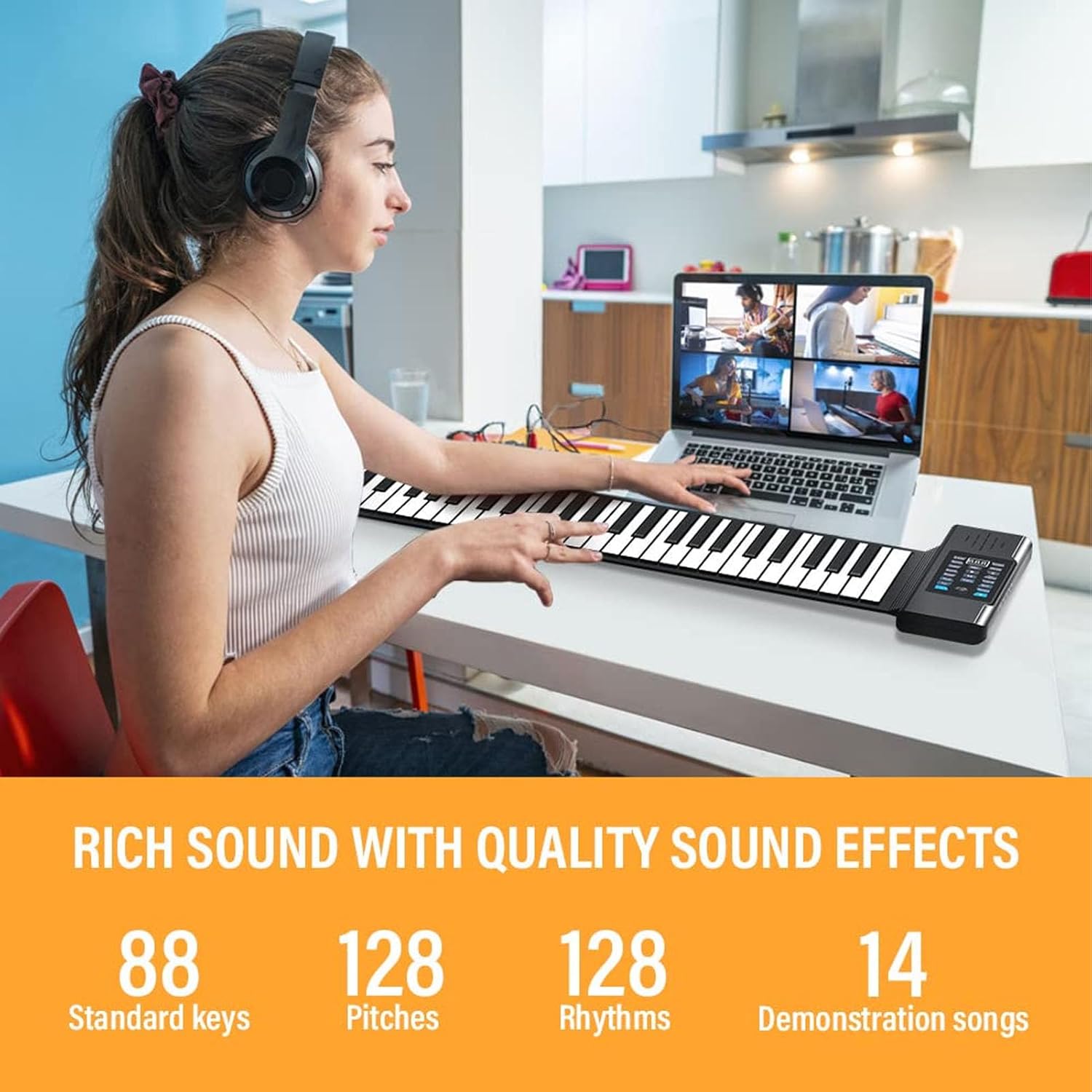 88 Keys Portable Piano, Hand Roll Keyboard Silicone Portable Roll Up Keyboard Piano with LED Display, Speakers, 128 Tones, USB MIDI Output, Foldable Design (US Plug)