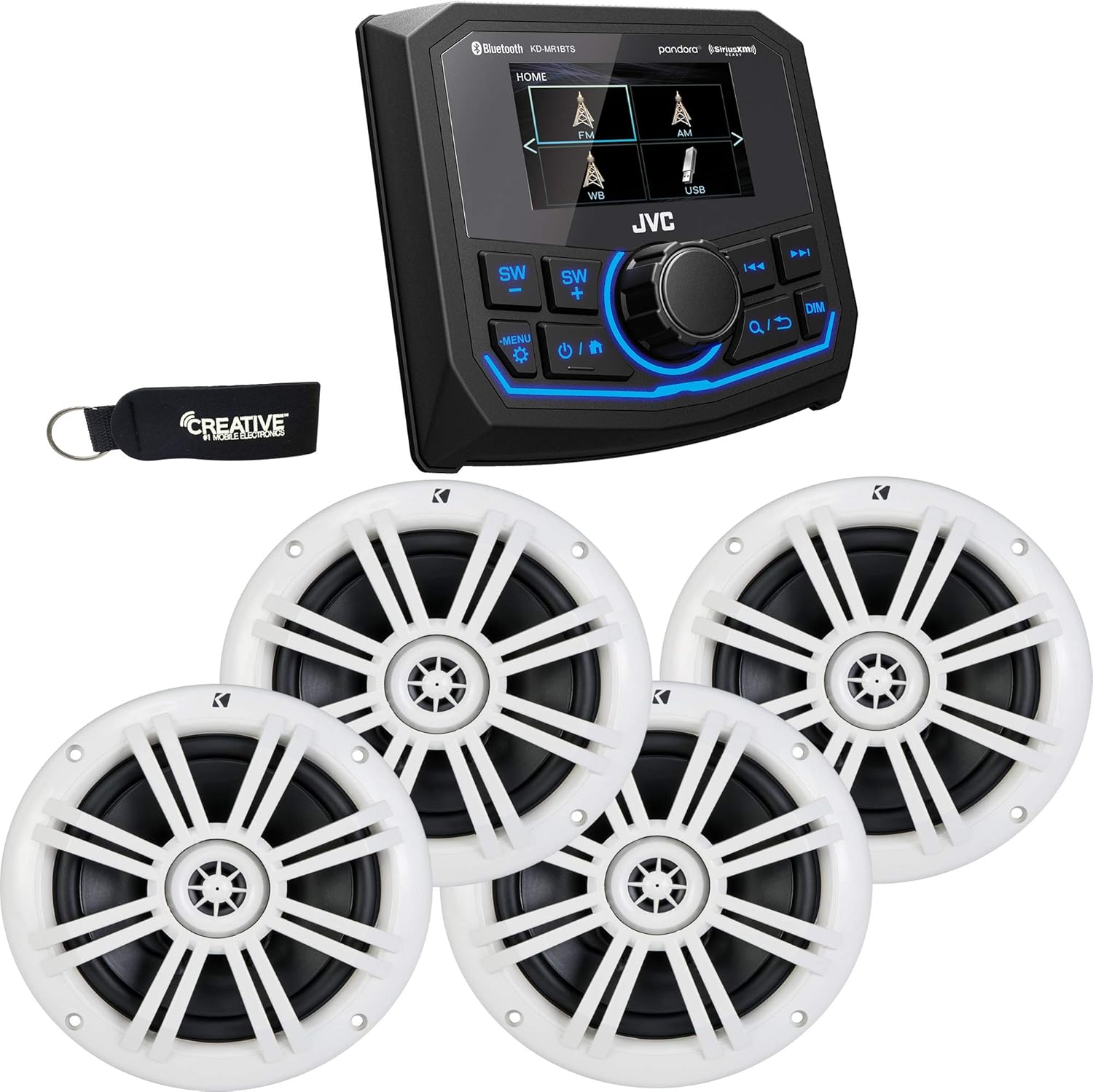 JVC KD-MR1BTS Bluetooth Marine Receiver w/Two Pairs of Kicker Marine OEM Replacement Speakers - White