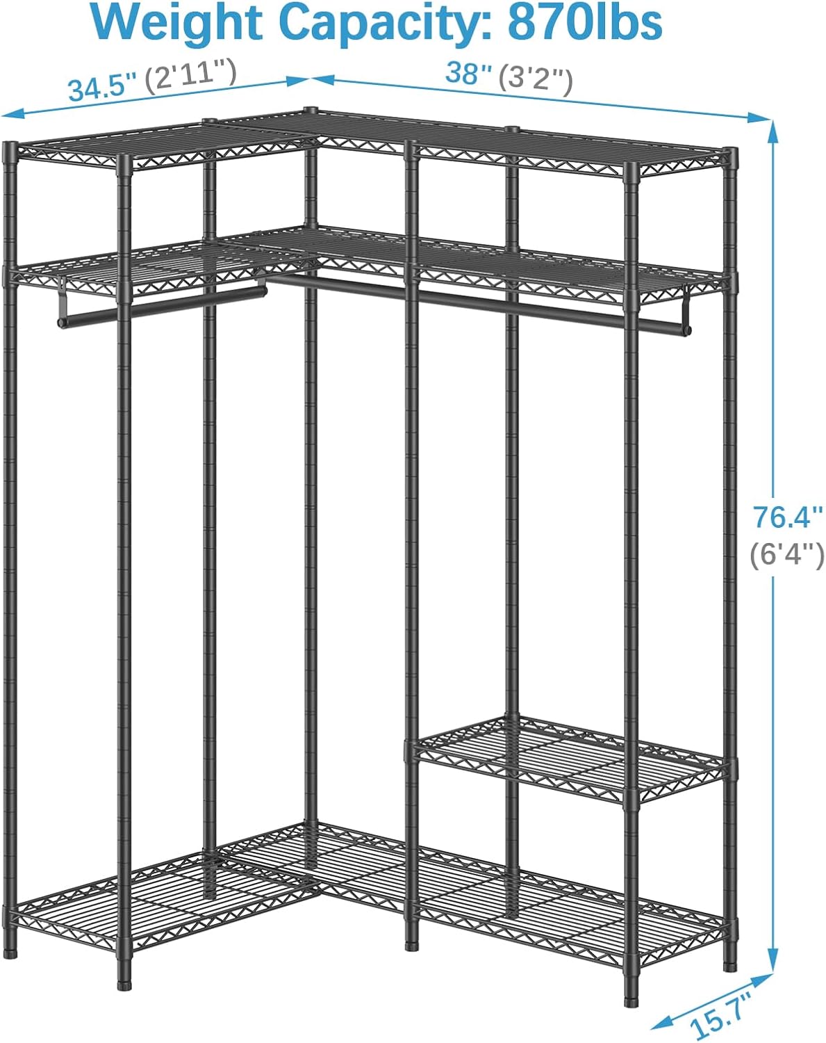 VIPEK L30 Corner Clothes Rack, Heavy Duty L-Shaped Freestanding Closet with Adjustable Shelves & Hanging Rods, Corner Wardrobe Portable Closet for Hanging Clothes