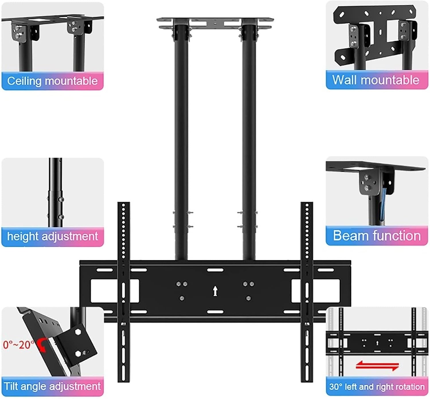 Klauer TV Monitor Wall Mount,TV Wall Mount,Ceiling TV Mount Stand - Adjustable Ceiling TV Mount Bracket, 2 Post Single Screen TV Mount, Tilt TV Mount for 40-90 Inch TVs, Max 600x400mm, Black