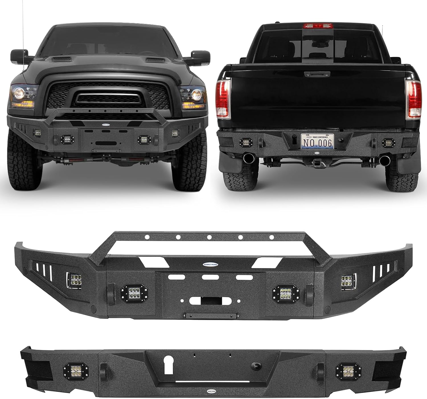 Hooke Road Front Winch Bumper & Rear Bumper Set for 2015 2016 2017 2018 Dodge Ram 1500 Rebel, Heavy Duty Steel Offroad Bumpers with LED Lights, D-ring Mounts, Bull Bar