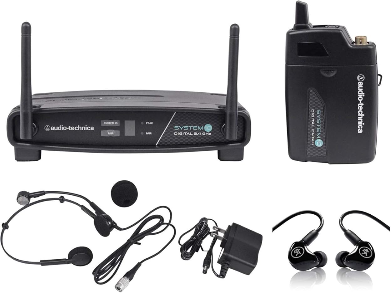 Audio-Technica ATW-1101/H System 10 Wireless Headset Mic System Bundle with Mackie Monitors