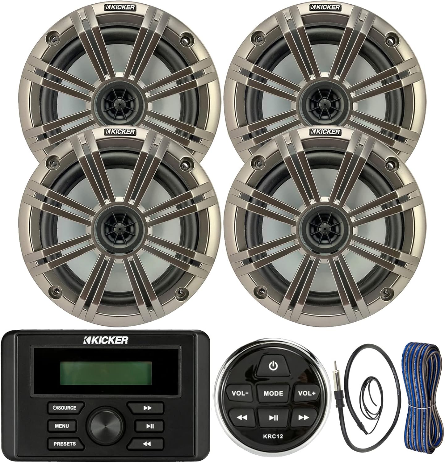 Kicker Weather-Resistant Marine Bluetooth USB RCA Stereo Receiver w/Remote Bundle with (QTY 4) 6.5