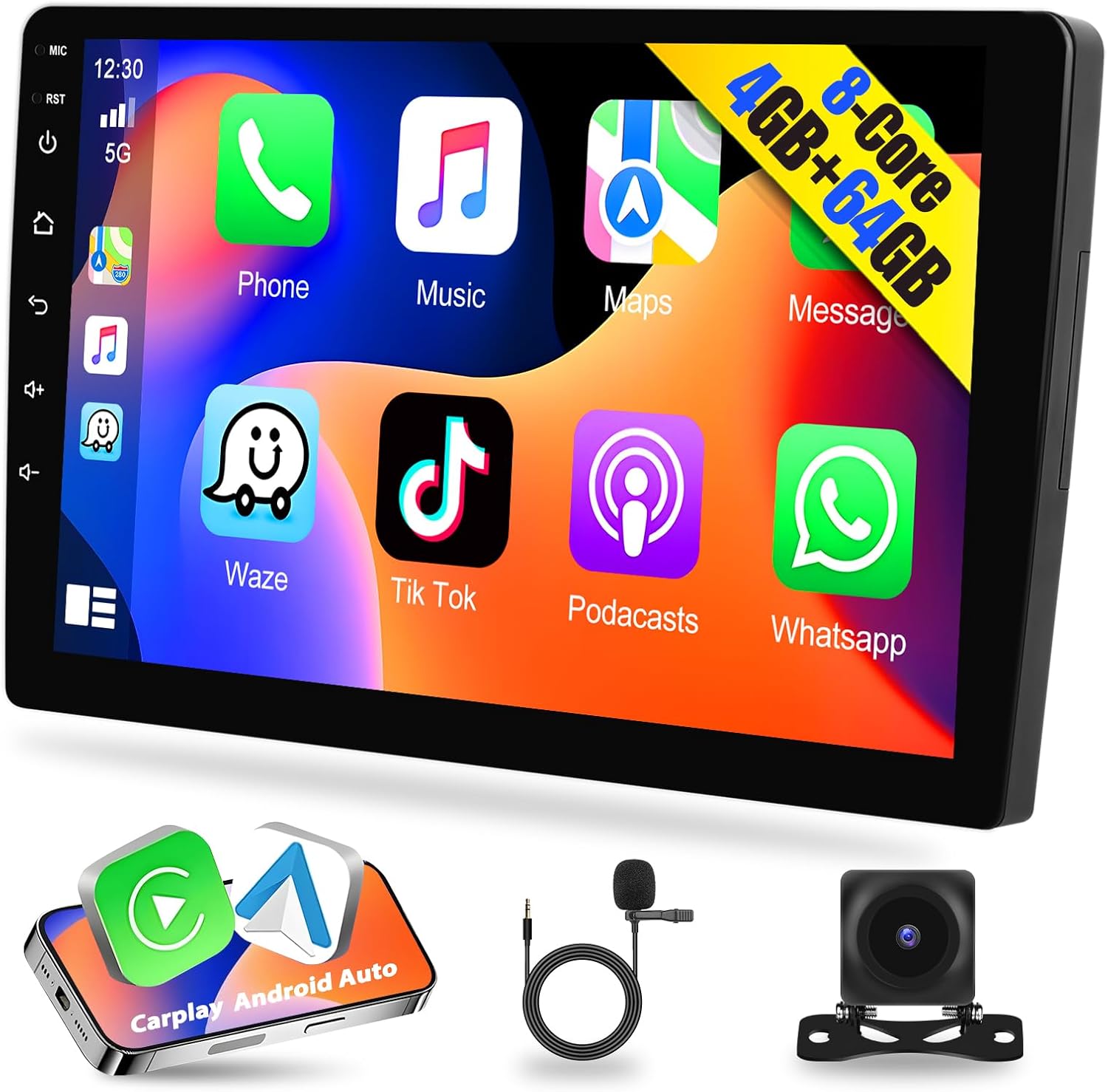 Qualcomm 8-Core 4+64G Android Double Din Car Stereo Audio 9 Inch IPS Touchscreen Wireless Carplay Android Auto with 3D Car Model Bluetooth WiFi GPS DSP FM Radio Receiver SWC Backup Camera MIC