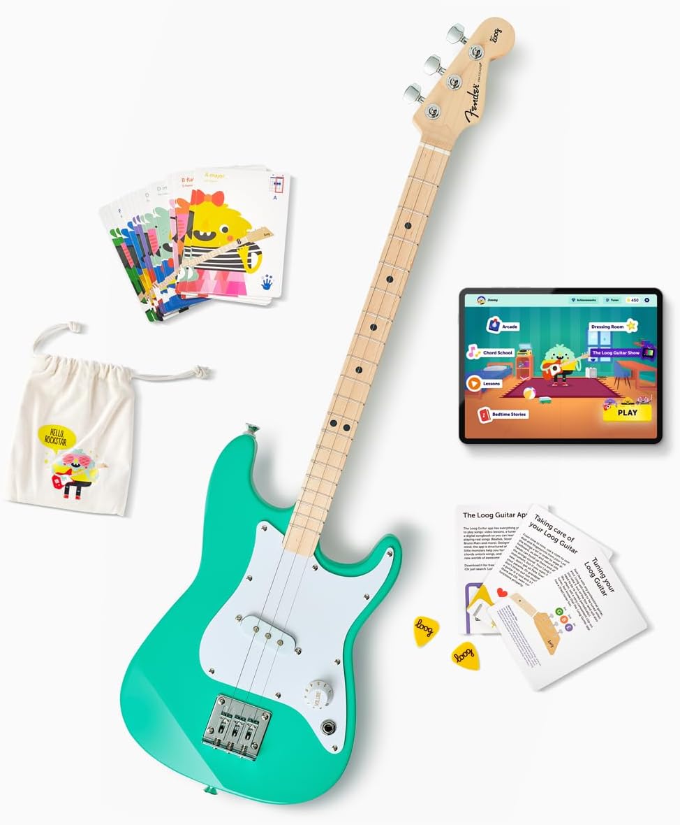 Fender x Loog 3-String Stratocaster Electric kids Guitar 3 string beginner kit (Seafoam Green)