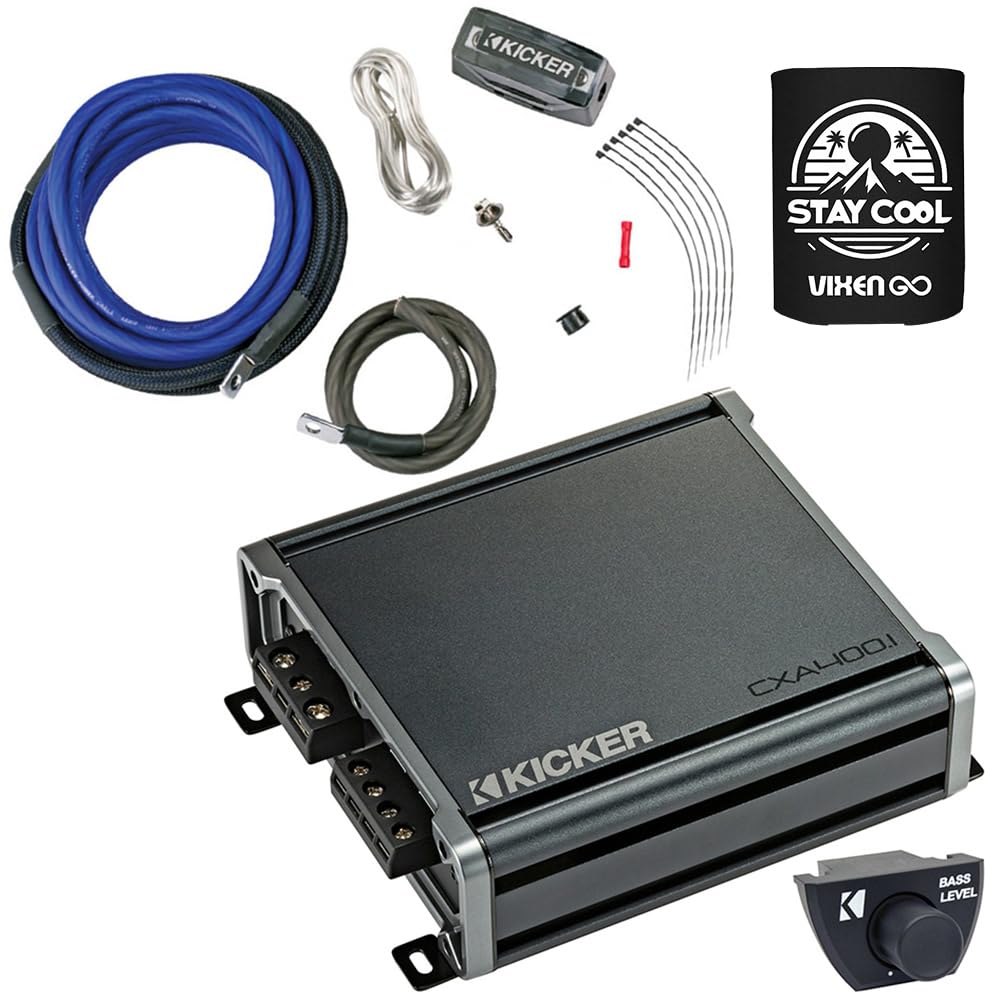 KICKER Amplifier, Remote and Amp Kit Package of 3 Items: 400W CX Mono Amplifier with Dash-Mount Remote Bass Control and 8AWG Power Wiring Kit
