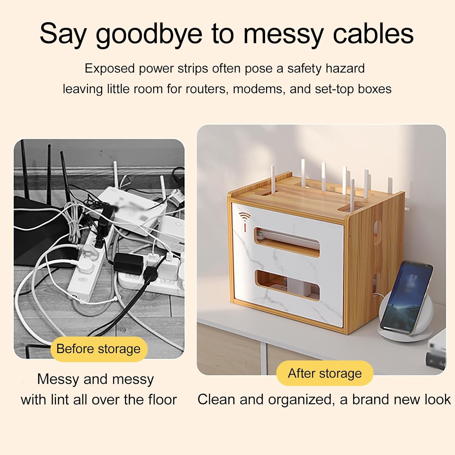 WiFi Router Hidden Box, WiFi Router Storage Cabinet, Large Space Modem Cable Organizer, Power Strip and Cable Management Hider Organizer for Home and Office(Wood Color)