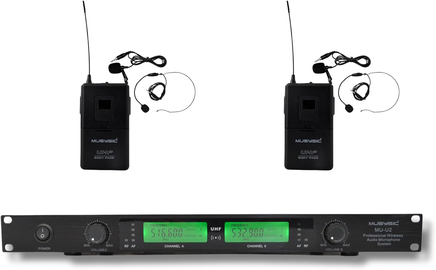 MUSYSIC 2-Channel Professional Wireless UHF Microphone System, 300ft Range Fixed Frequency Bodypack Headset/Lapel Microphones for Singing, Karaoke, Church, DJ