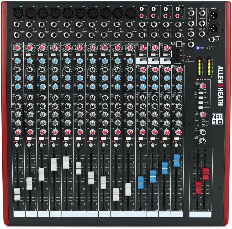 Allen & Heath ZED-18 Multipurpose Mixer for Live Sound and Recording Bundle w/ 4-Pack Pig Hog PHM10 8mm Mic Cable and Liquid Audio Polishing Cloth