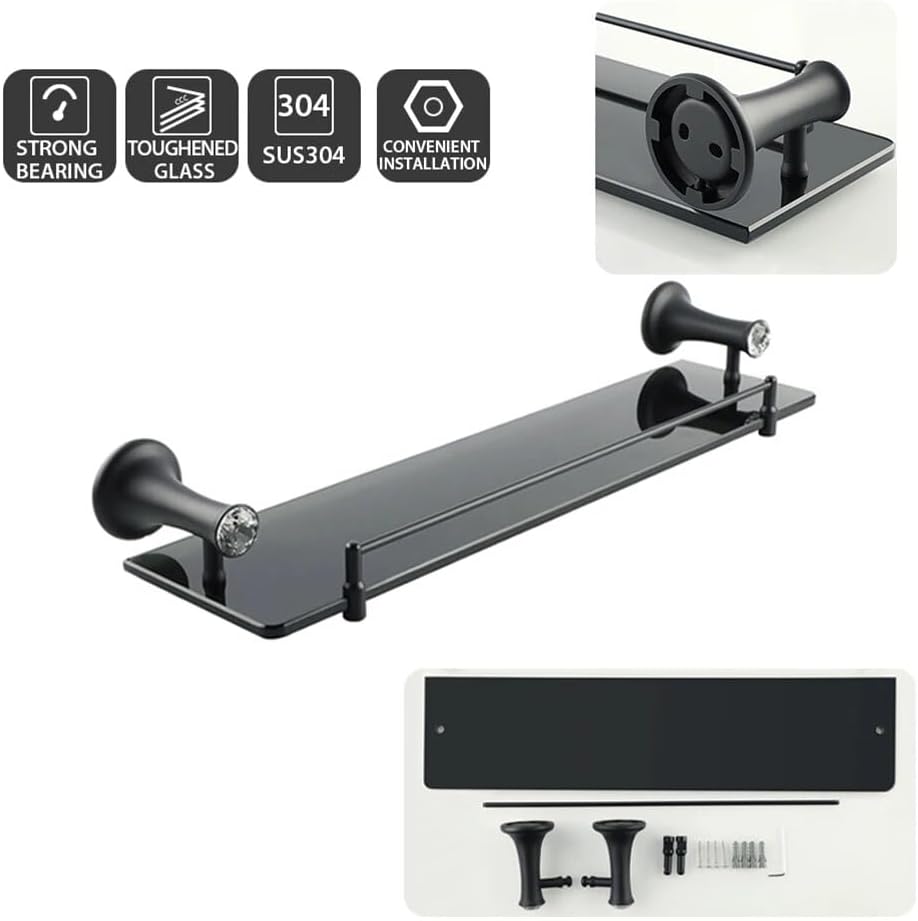 Shower Caddy 50cm Bathroom Glass Shelf, Bath Shower Shelf Holder, Single Layer Glass Storage Rack, Wall Mount with Crystal Head Bathroom Shelves Bathroom Organizer (Color : Matte Black)