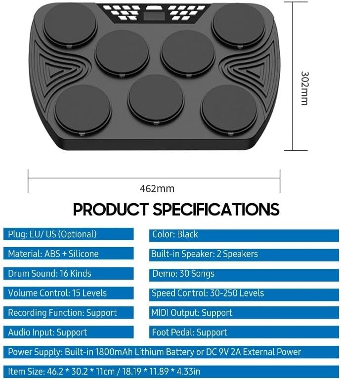 Portable Rechargeable Tabletop Electronic Drum Set – Compact Stereo-Speaker Drum Kit for Beginners, Practice & Travel, Adjustable Pads & USB/Bluetooth Connectivity (US Plug)