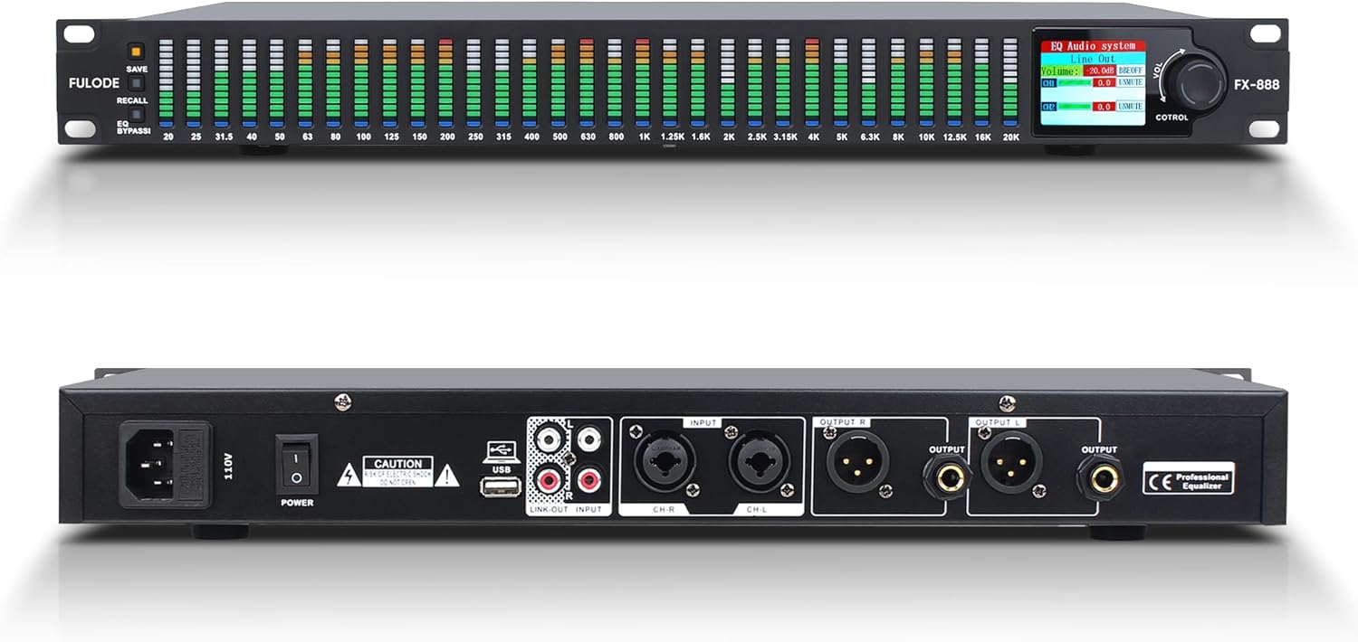 FX-888 Dual channel synchronized control 31-Band Digital equalizer Stereo Graphic EQ Noise Reduction Each segment with LED Spectrum Display Operation Content display large screen.