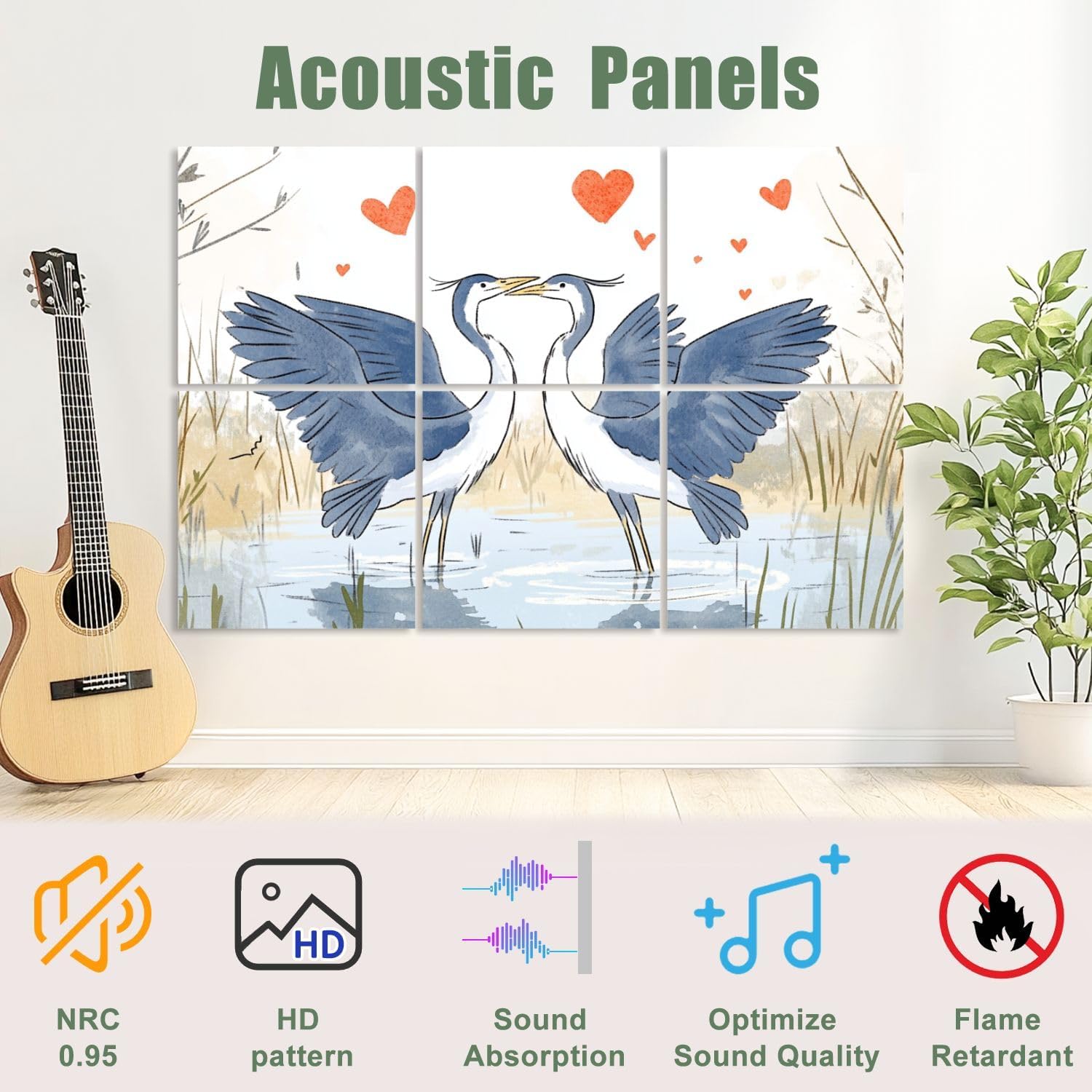 6 Pack Art Acoustic Panels Sound Absorbing Couple Coastal Crane Love Birds Two Cranes Water Grass Hearts Romantic Decorative Soundproof Wall Panels Self Adhesive for Recording Studios Office 72