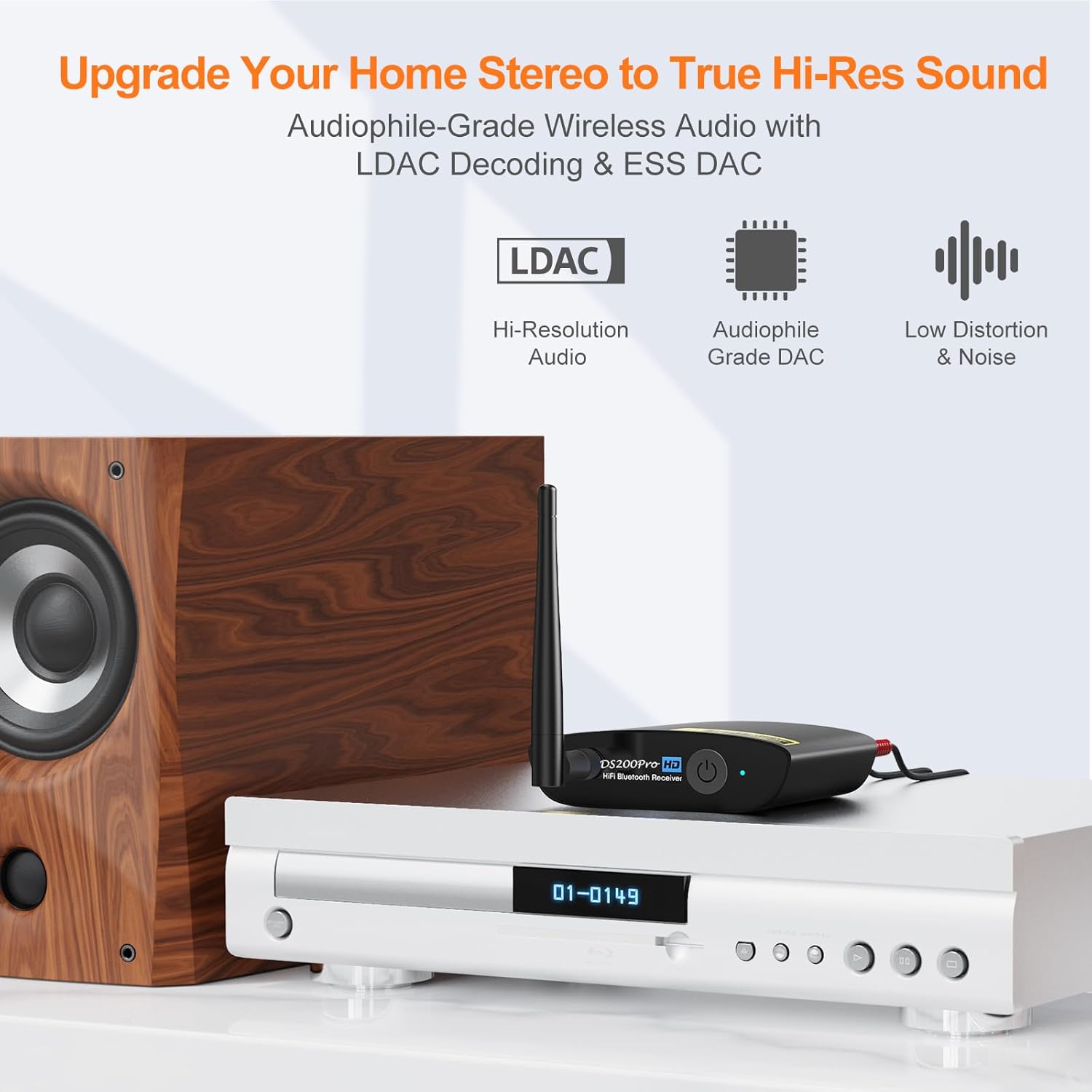 1Mii DS200Pro Bluetooth 5.3 Receiver for Home Stereo, HiFi Wireless Audio Adapter with LDAC, Built-in DAC, Long Range, Optical & RCA Outputs