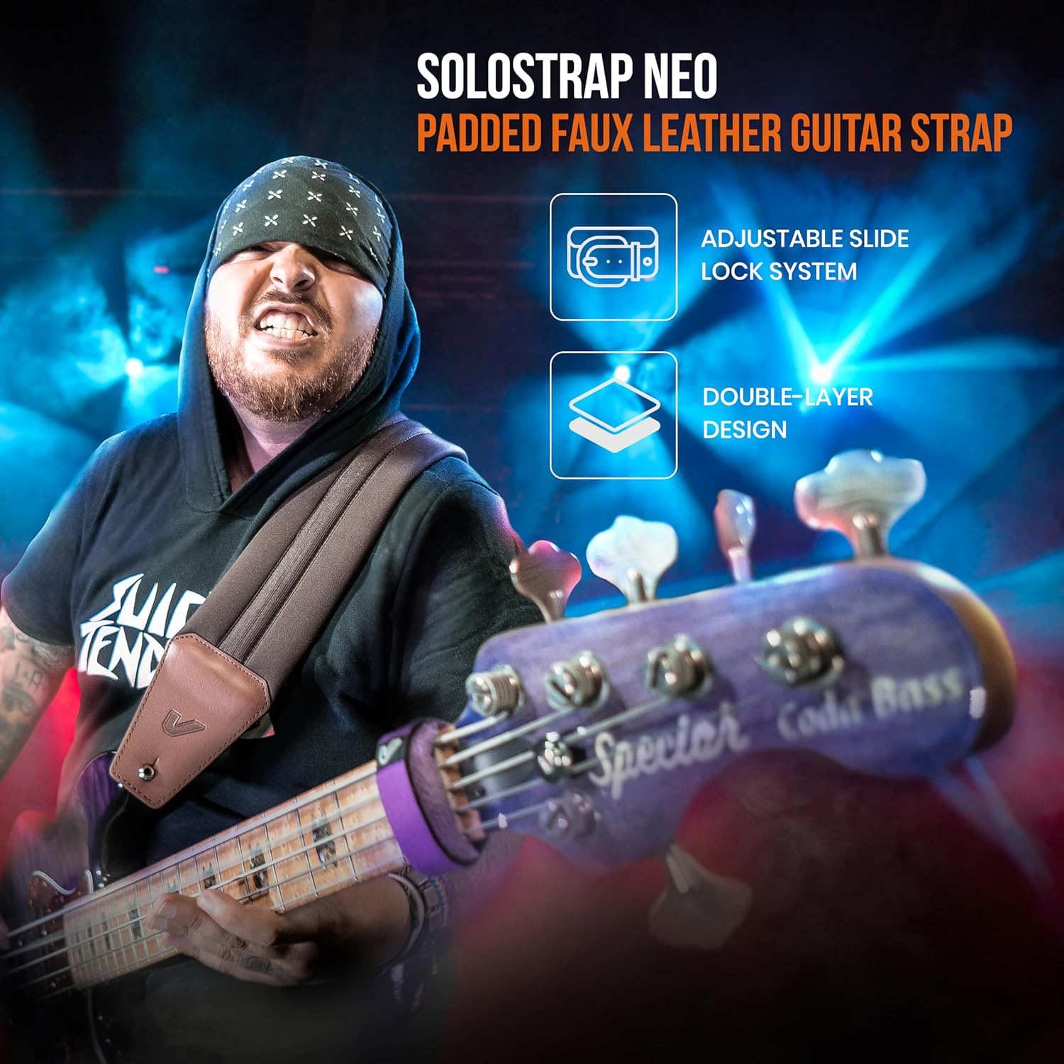 Gruv Gear SoloStrap Neo Padded Faux Leather Guitar Strap with Adjustable Slide Lock System, Thick Neoprene Padding for Heavier Instruments, Comfortable Guitar Belt Anti Bounce Design - Black, 2.5