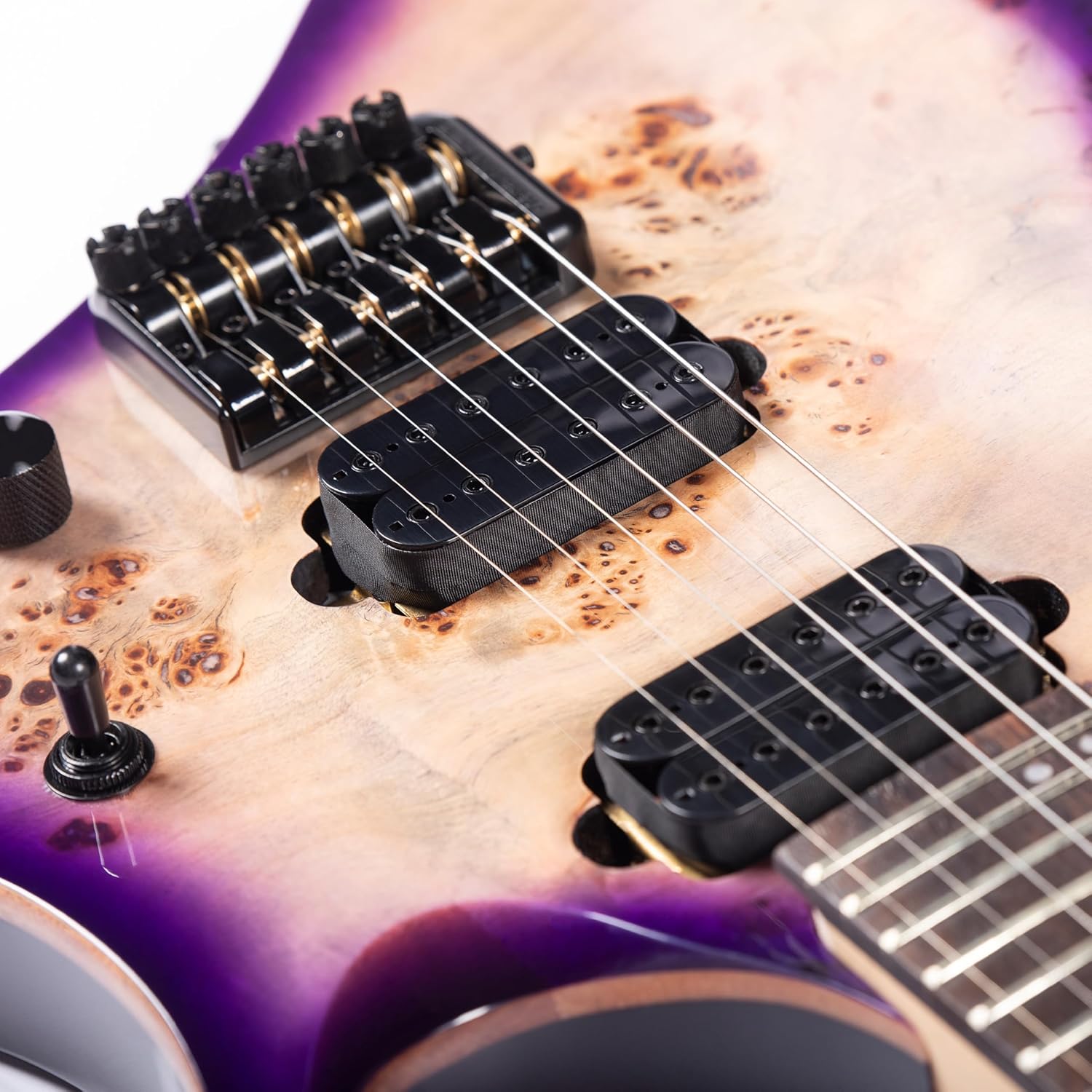 Redid Headless Electric Guitar 6 String Mahogany Body Burl Wood Top, Maple Neck Rosewood Fretboard, 24 Frets 25.5