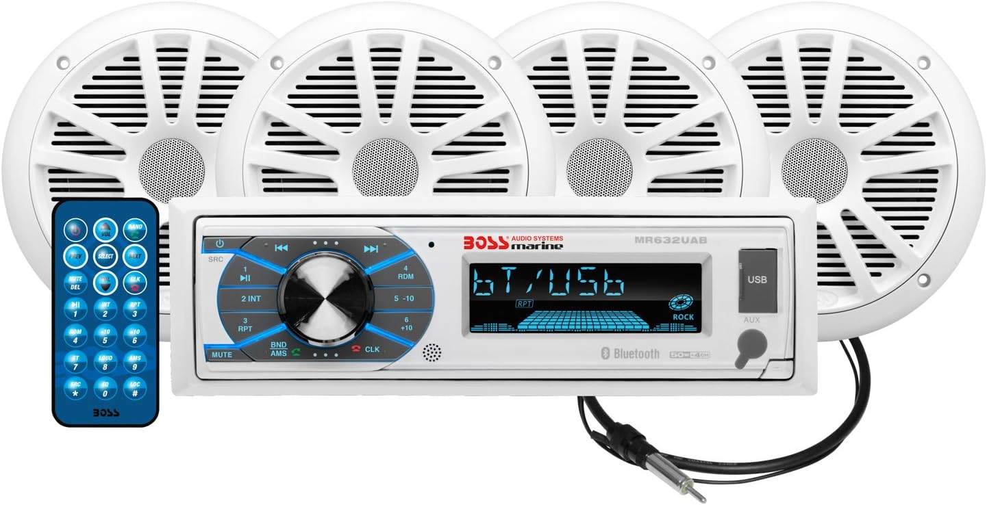 BOSS Audio Systems MCK632WB.64 Marine Boat Stereo & 6.5 Inch Speakers Package - Single Din, Bluetooth, No CD DVD Player, AM/FFM Radio Receiver Head Unit, Wireless Remote Control, Dipole Antenna